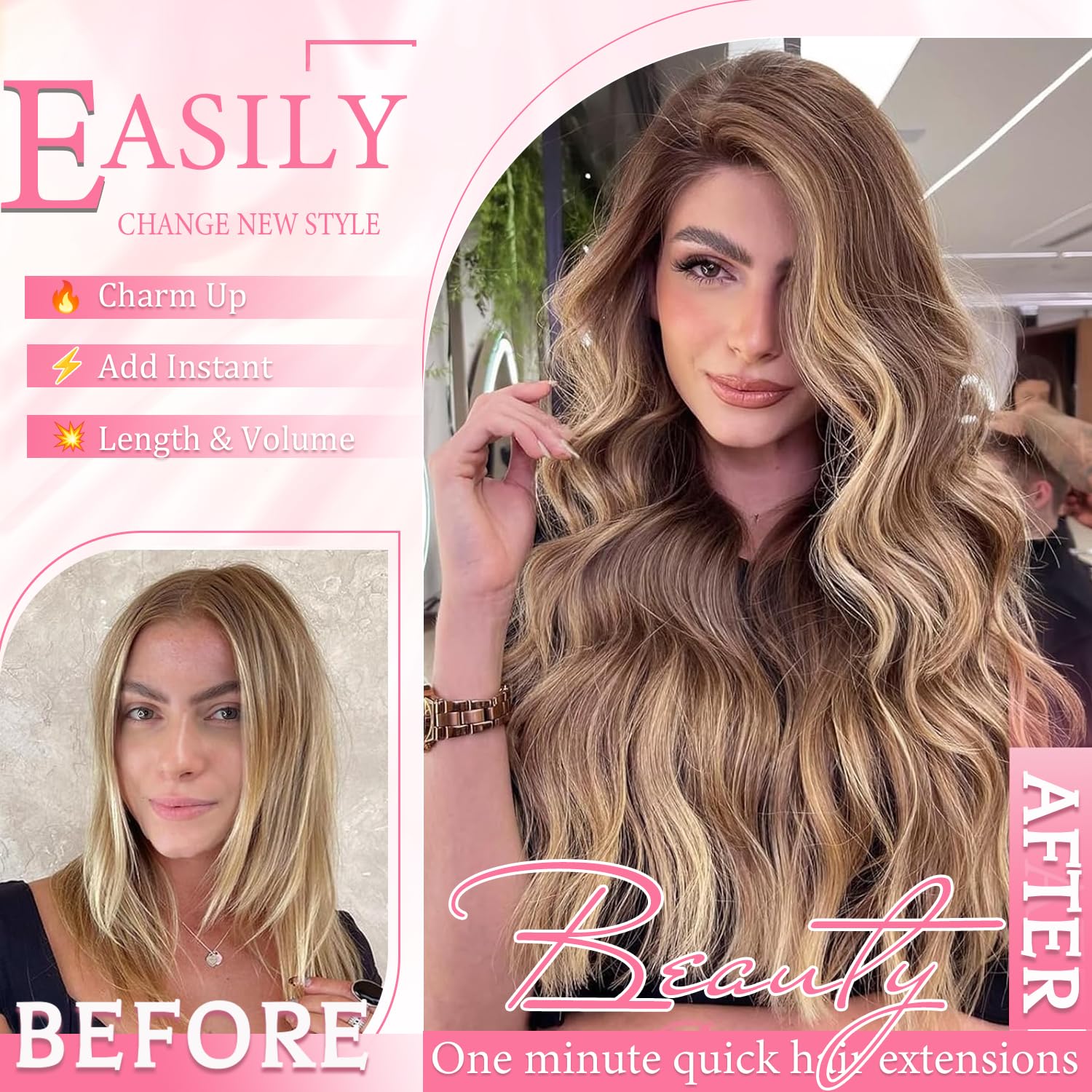Detalle 2 de Clip-in Hair Extensions with Remy Human Hair (Seamless Balayage) – Chocolate Brown with Honey Blonde Highlights, 8 pcs, 24 inch, 120g