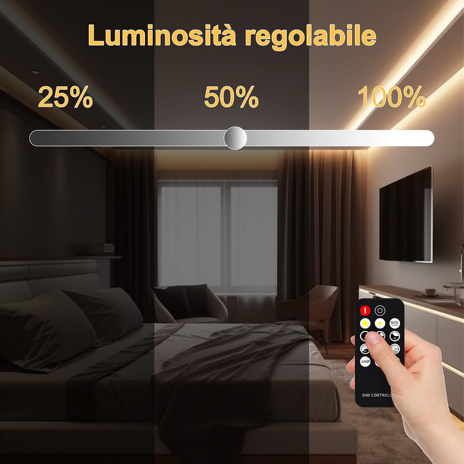 Detalle de Striscia LED COB AXMOTUT 5 metri 24V 2700K, 320 LED/m, 8 mm – kit completo con alimentatore e telecomando RF