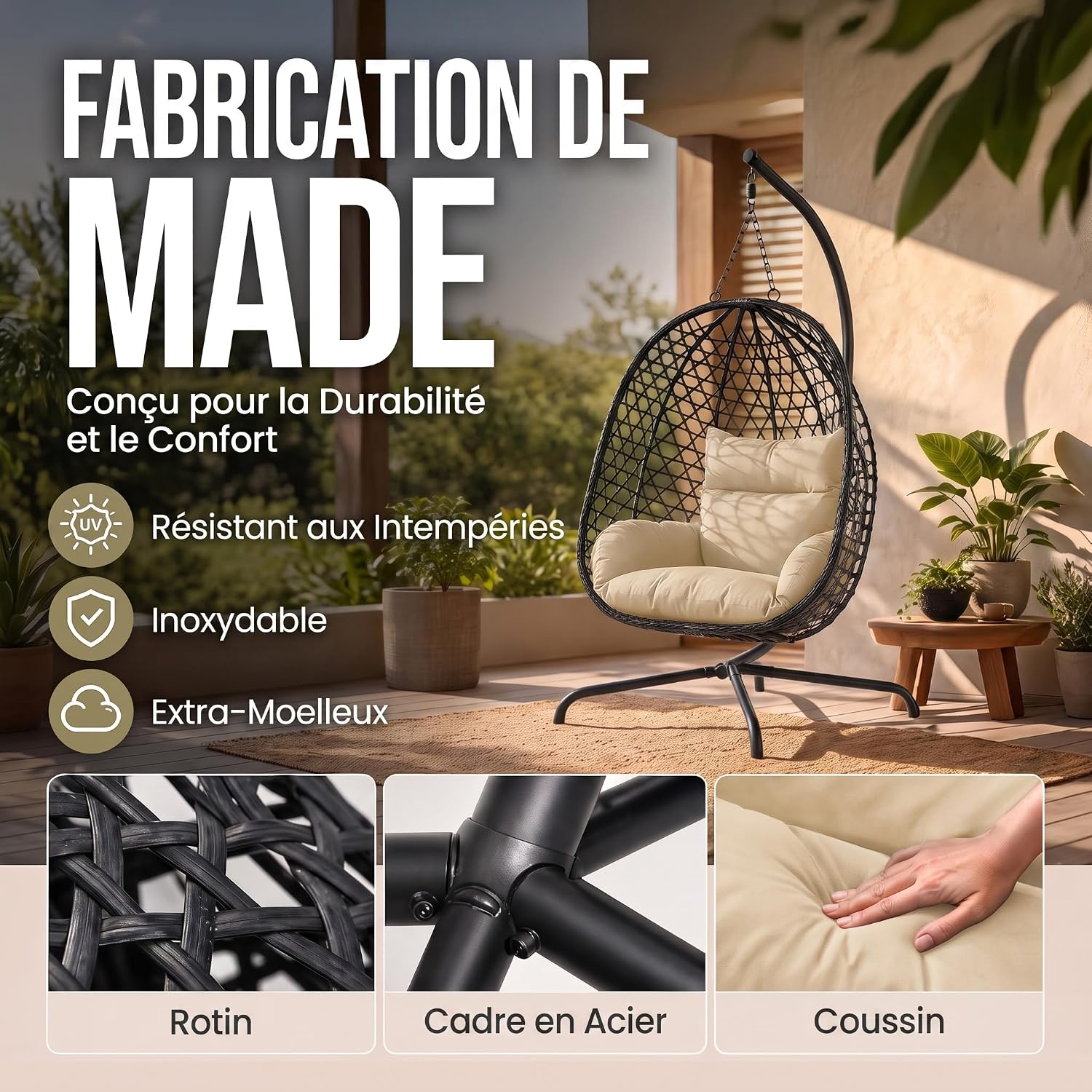 Thumbnail 5 de GOODS+GADGETS® Fauteuil Suspendu avec Support – Egg Chair 120 kg, rotin synthétique et coussin épais
