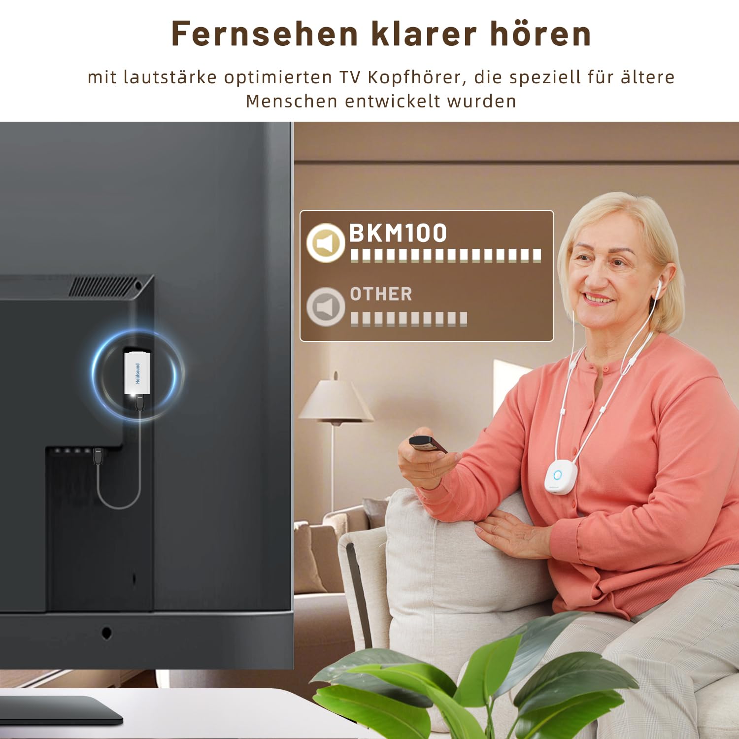 Thumbnail 1 de Holdsound Funkkopfhörer Kabellos für TV (Milchweiß) – Bluetooth-freies System mit USB-Sender, 30 m Reichweite, 15 Std Laufzeit