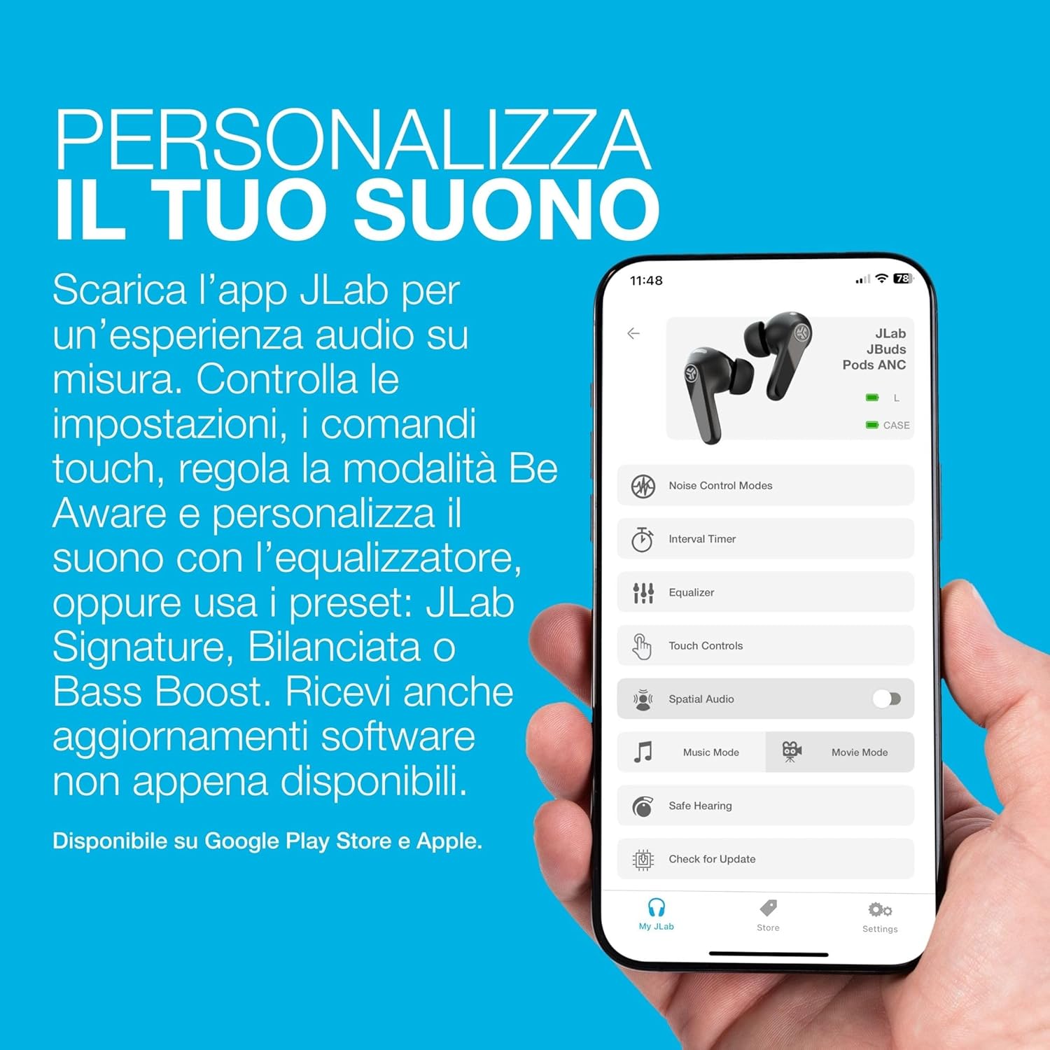 Thumbnail 6 de JLab JBuds Pods ANC Cuffie True Wireless Bluetooth con cancellazione rumore, IP55 e autonomia totale fino a 56+ ore (Cuffie Nero)