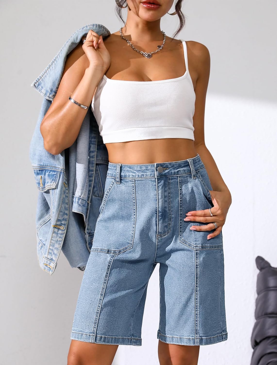 Thumbnail 5 de Eddoyee Women's Bermuda Shorts: Long Knee-Length Denim with Stretch for Everyday Comfort