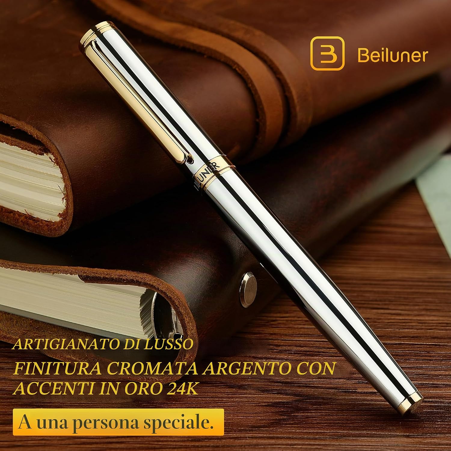 Thumbnail 4 de BEILUNER Penna Rollerball di Lusso con finiture oro 24K (cromo & oro) e ricambio Schneider