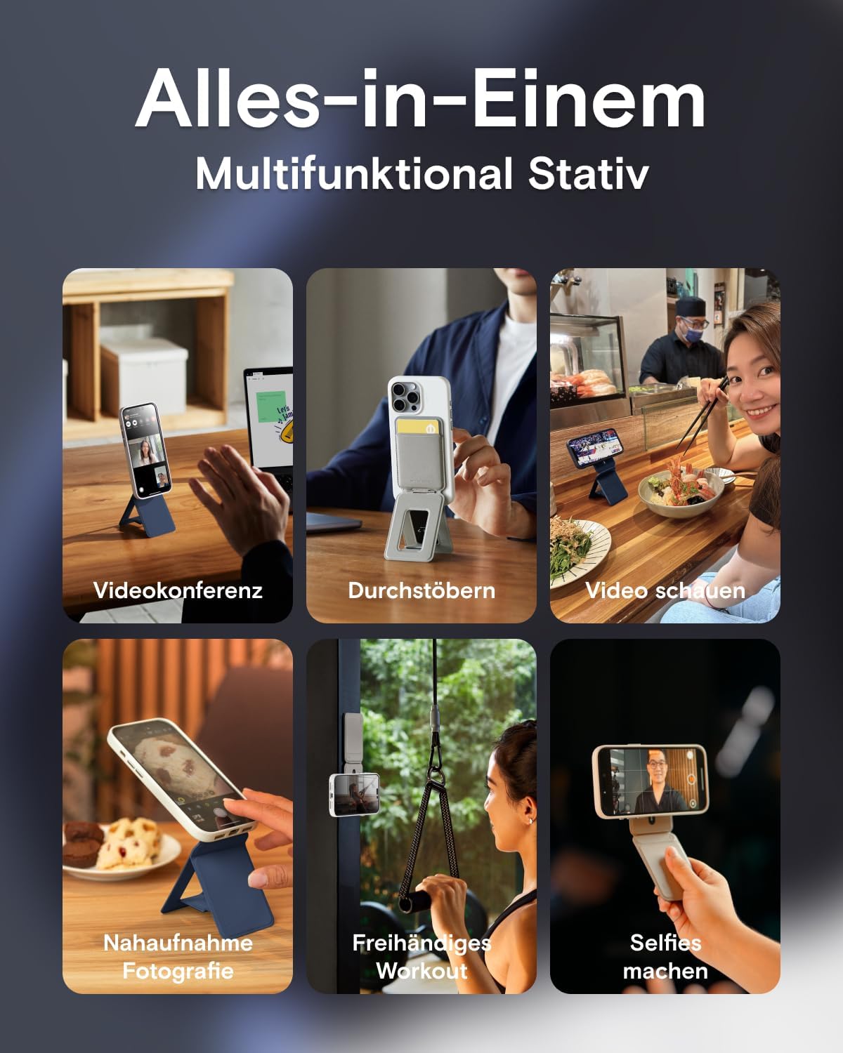 Detalle de MOFT Handy Stativ für Smartphone „MOVAS Vegan-Leder“ (3-in-1) – ultradünn, tragbar und mit Kartenhalter, Marine Blau