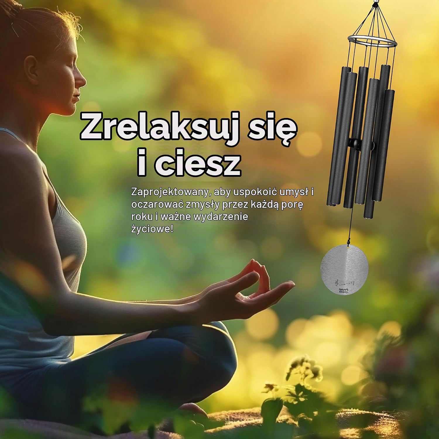 Detalle de Nature's Melody Aureole Tunes – dzwonek wietrzny 80 cm, czarny, aluminiowy
