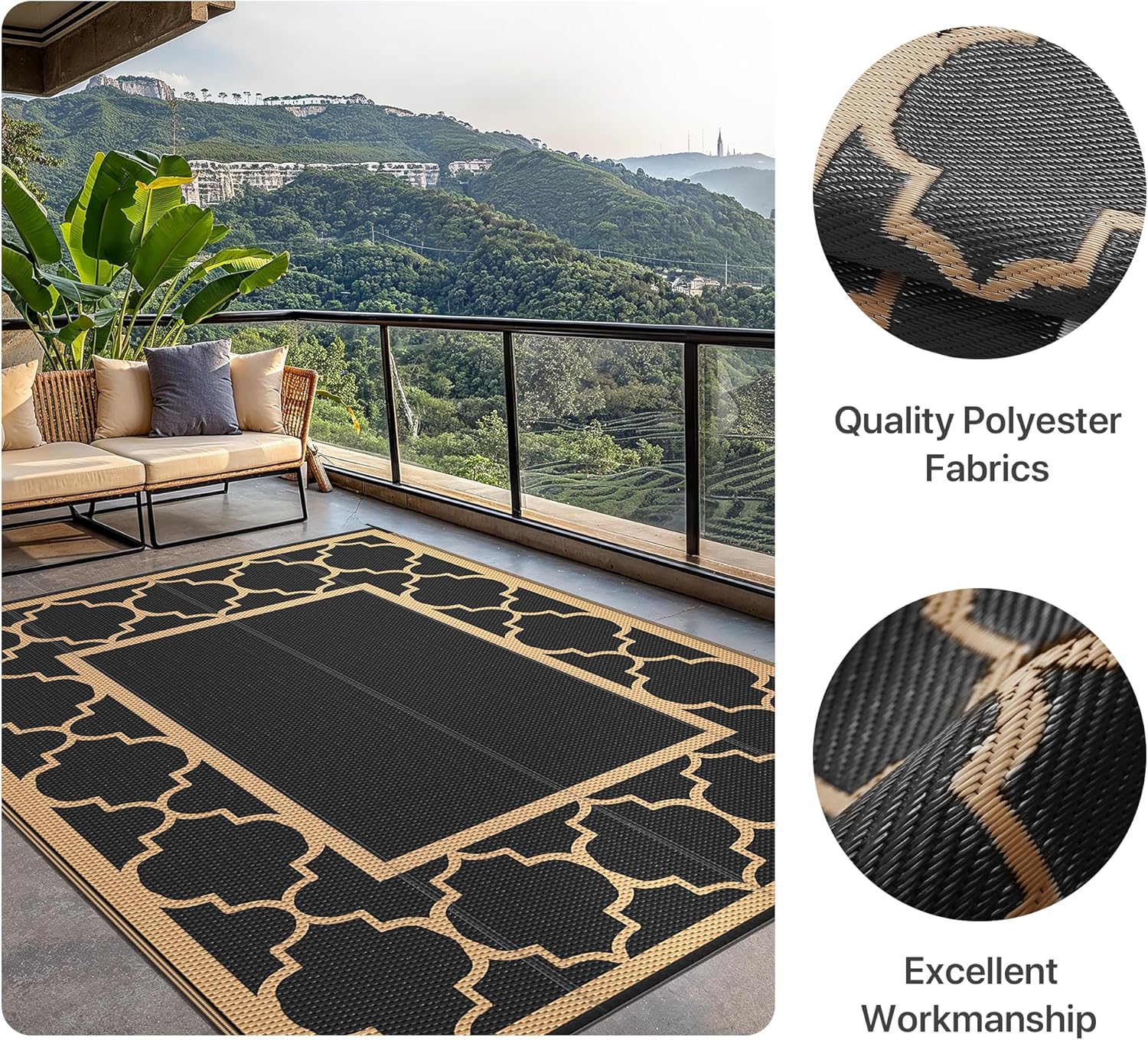 Detalle de GENIMO Tapis Extérieur Resistant Pluie 275x365 cm – Noir & Brun, réversible et antidérapant