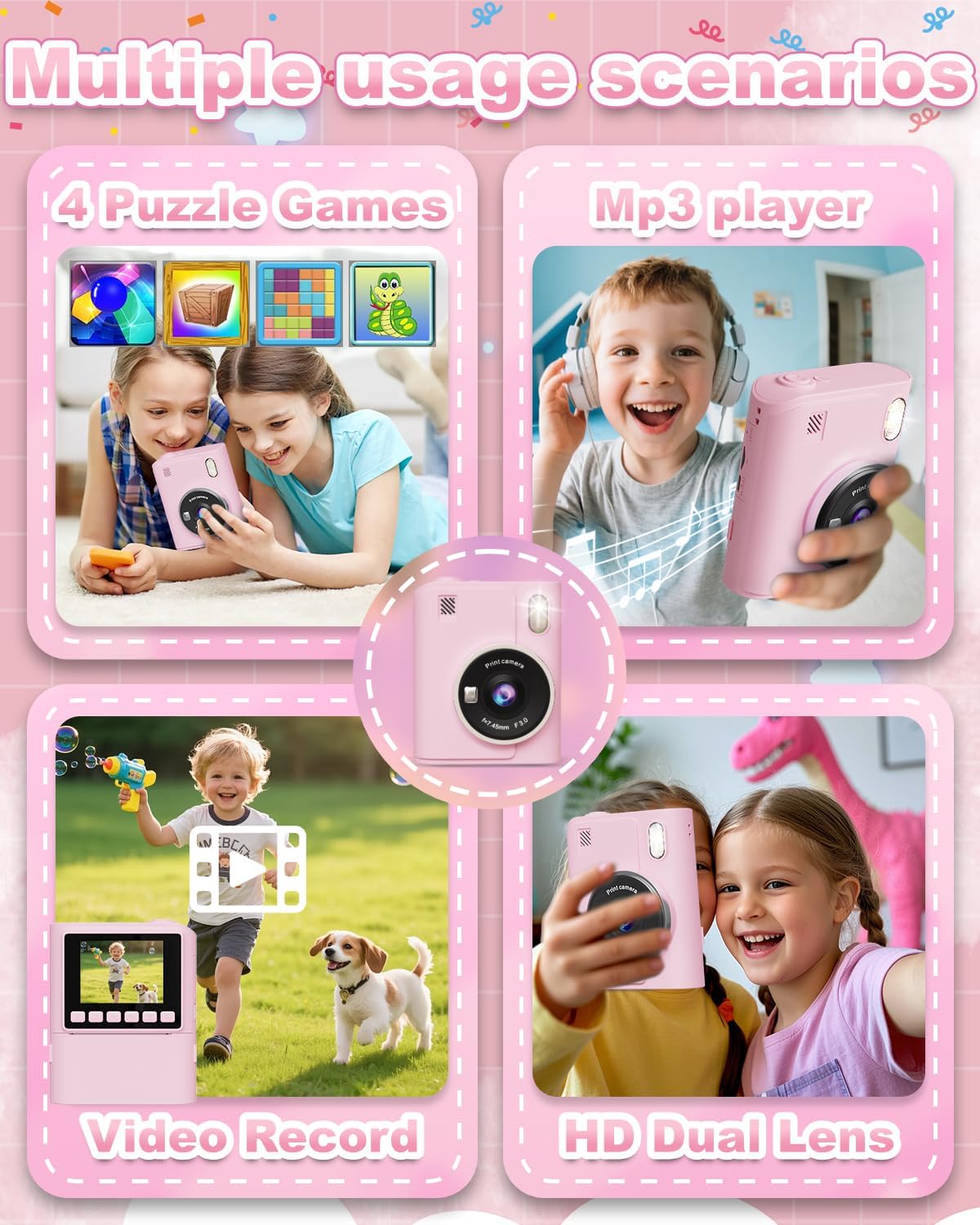 Thumbnail 2 de Instant Print Camera for Kids (1080P) — Portable Instant Digital Print Camera for Ages 4–10, Pink