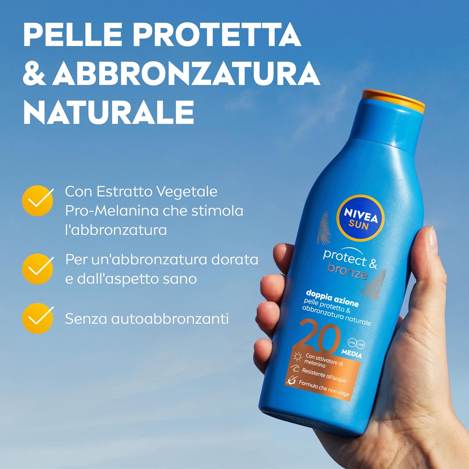 Detalle 2 de NIVEA SUN Latte Solare Protect & Bronze FP20 200 ml — abbronzatura dorata e protetta