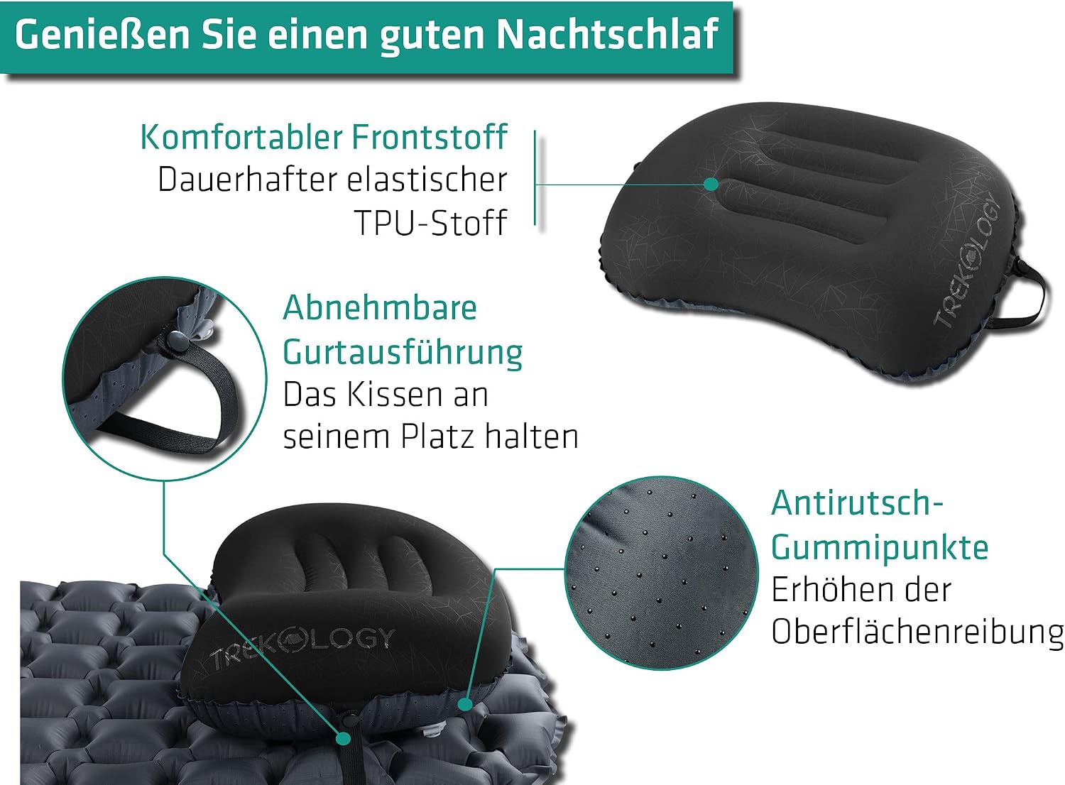 Detalle de TREKOLOGY ALUFT 2.0 aufblasbares Kopfkissen für Camping & Backpacking (ultraleicht, ca. 110 g)
