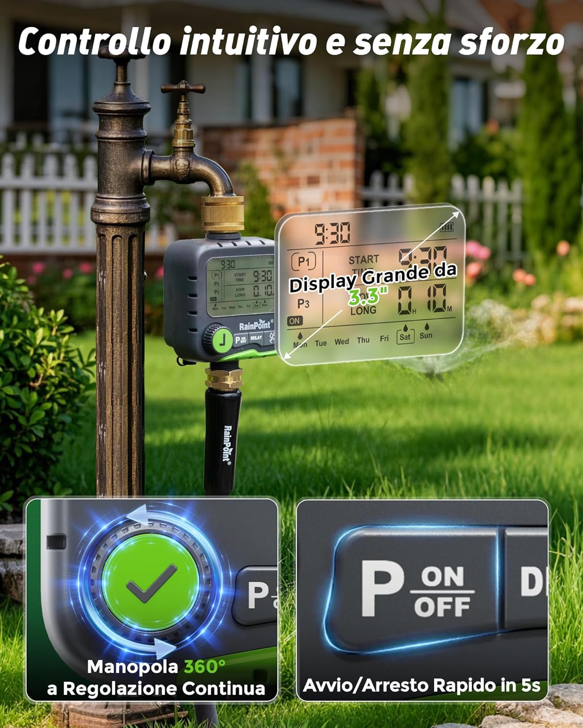 Detalle de RAINPOINT ITV156 Timer Irrigazione Kit Solare: Timer rubinetto da giardino con pannello solare e 2 batterie ricaricabili