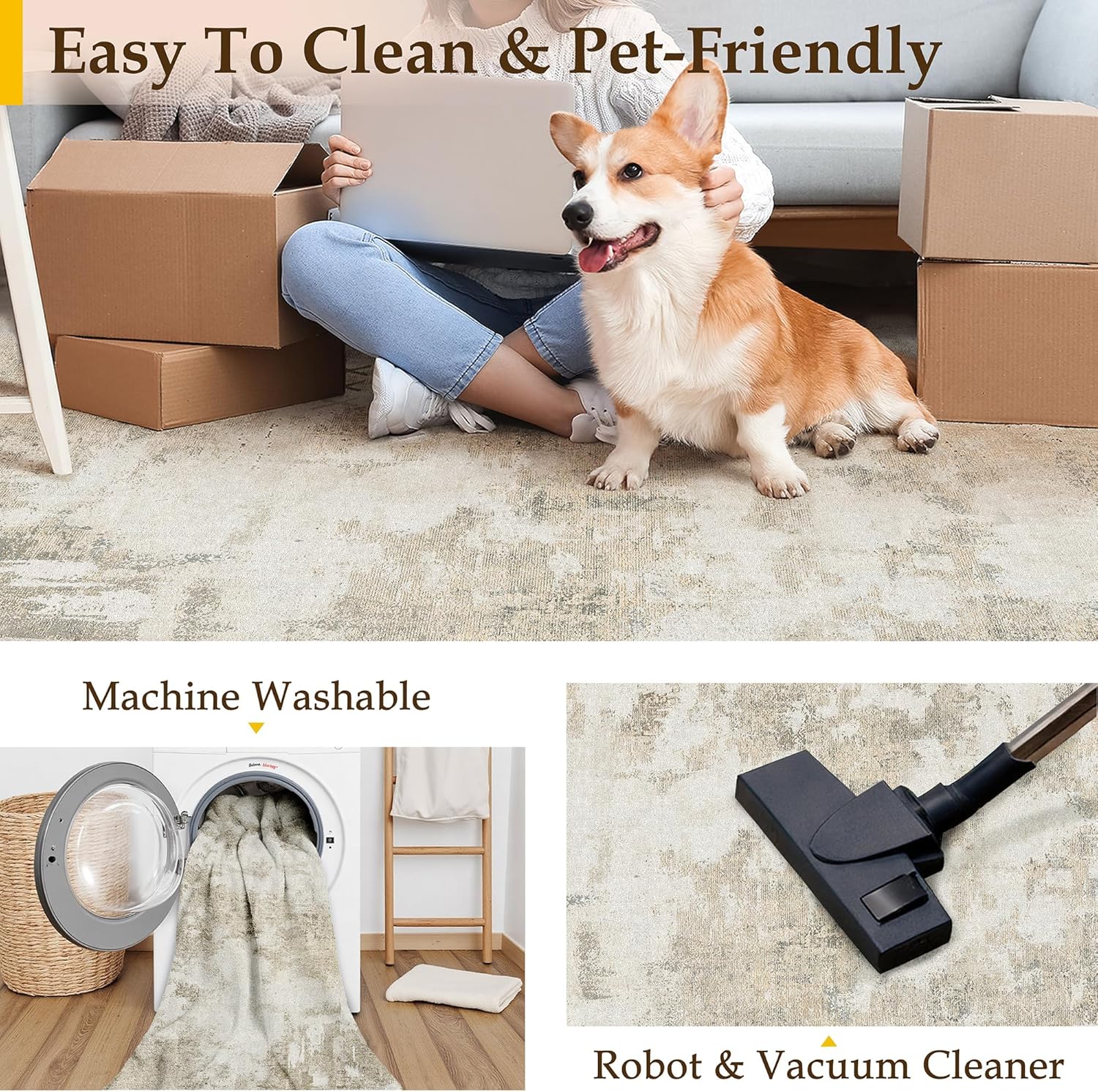 Thumbnail 3 de PureCozy Modern Abstract Area Rug 200x300cm (Non-Slip, Washable) – Beige short pile