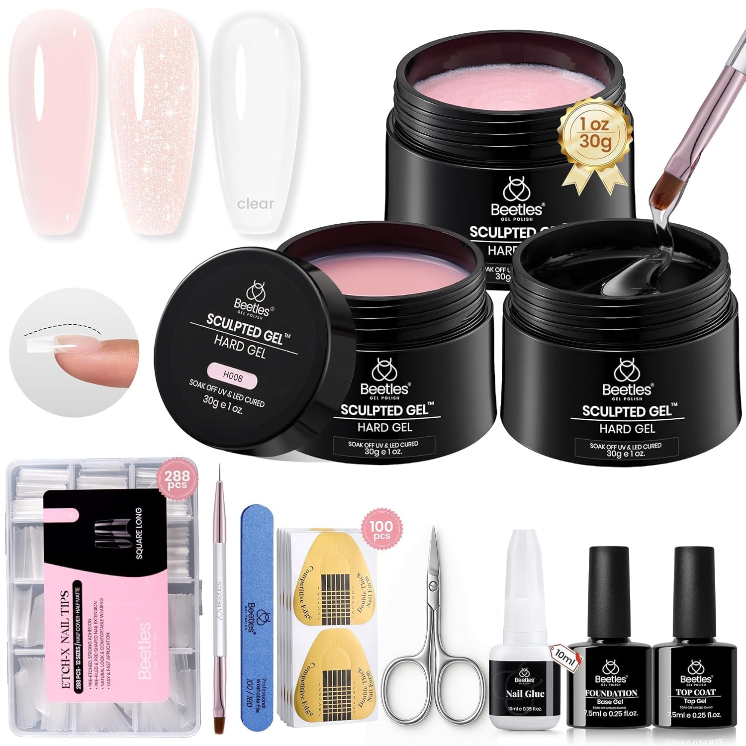Detalle de Beetles Hard Gel for Nails Kit: 3-Color Nude, Clear, and Glitter Builder Gel Set