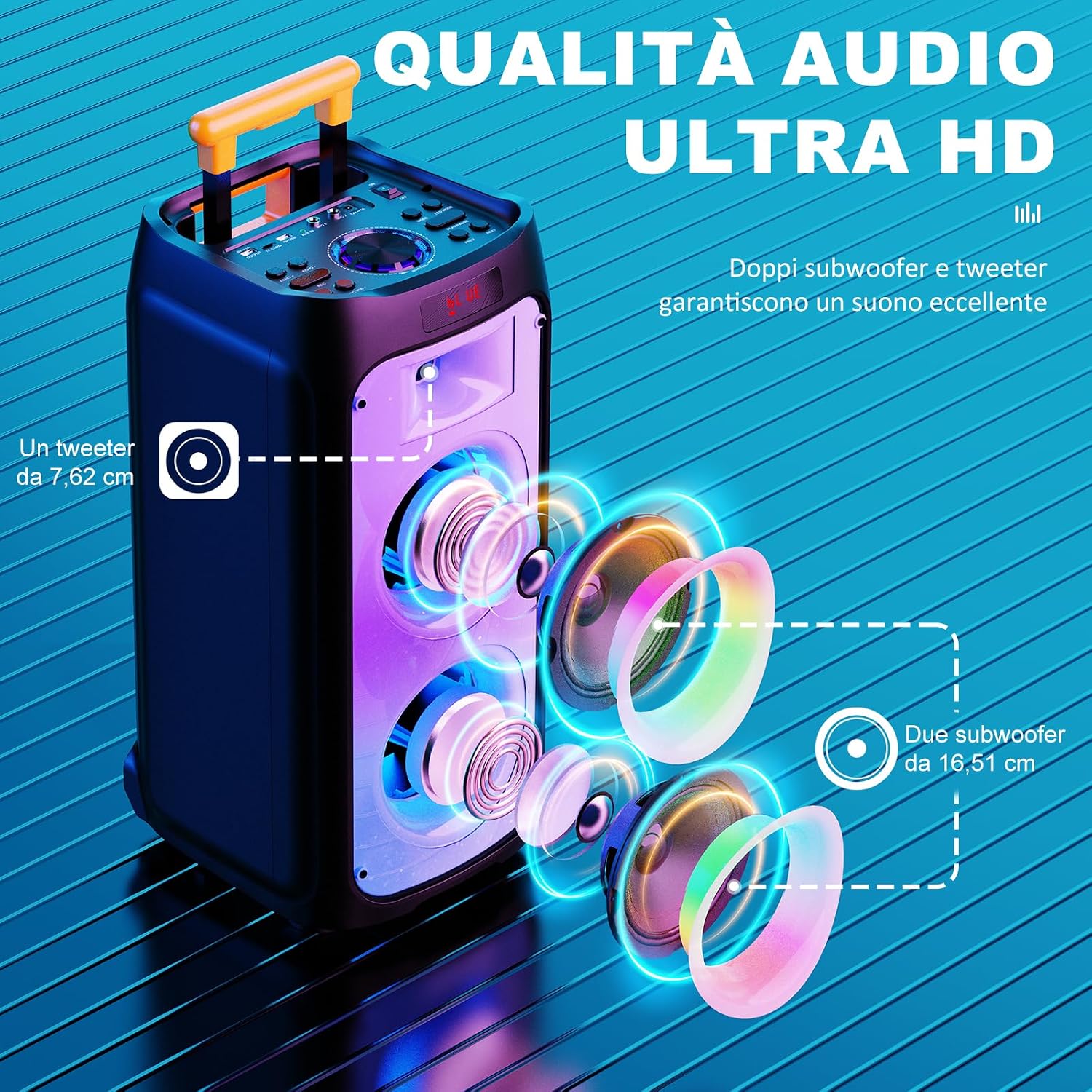 Detalle de JYX Karaoke: Sistema PA portatile con 2 microfoni wireless, 800W e luci RGB