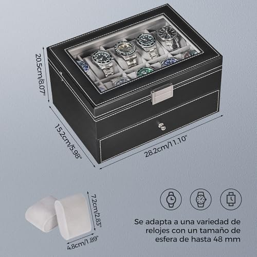 Detalle de BEWISHOME Caja de Relojes ESSH04B: estuche con 20 compartimentos y tapa de cristal