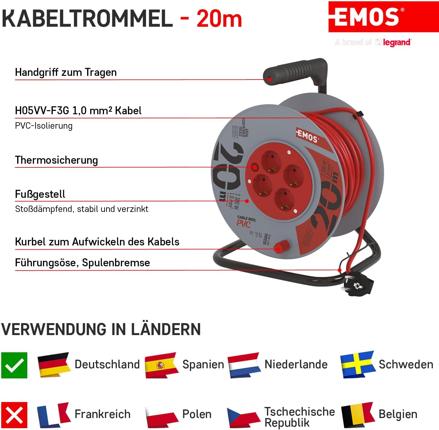 Detalle de EMOS Kabeltrommel 20m mit 4 Schuko-Steckdosen – IP20, Überhitzungsschutz, 230 V