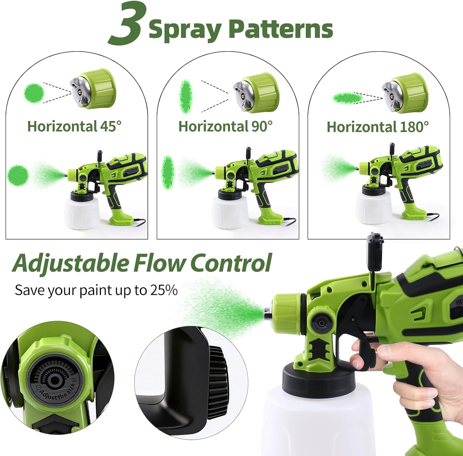 Detalle de Pistola per Verniciare HVLP 850W con serbatoio da 1400 ml, 5 ugelli in ottone, LED e regolazioni di flusso e ampiezza per muri, pareti e soffitti