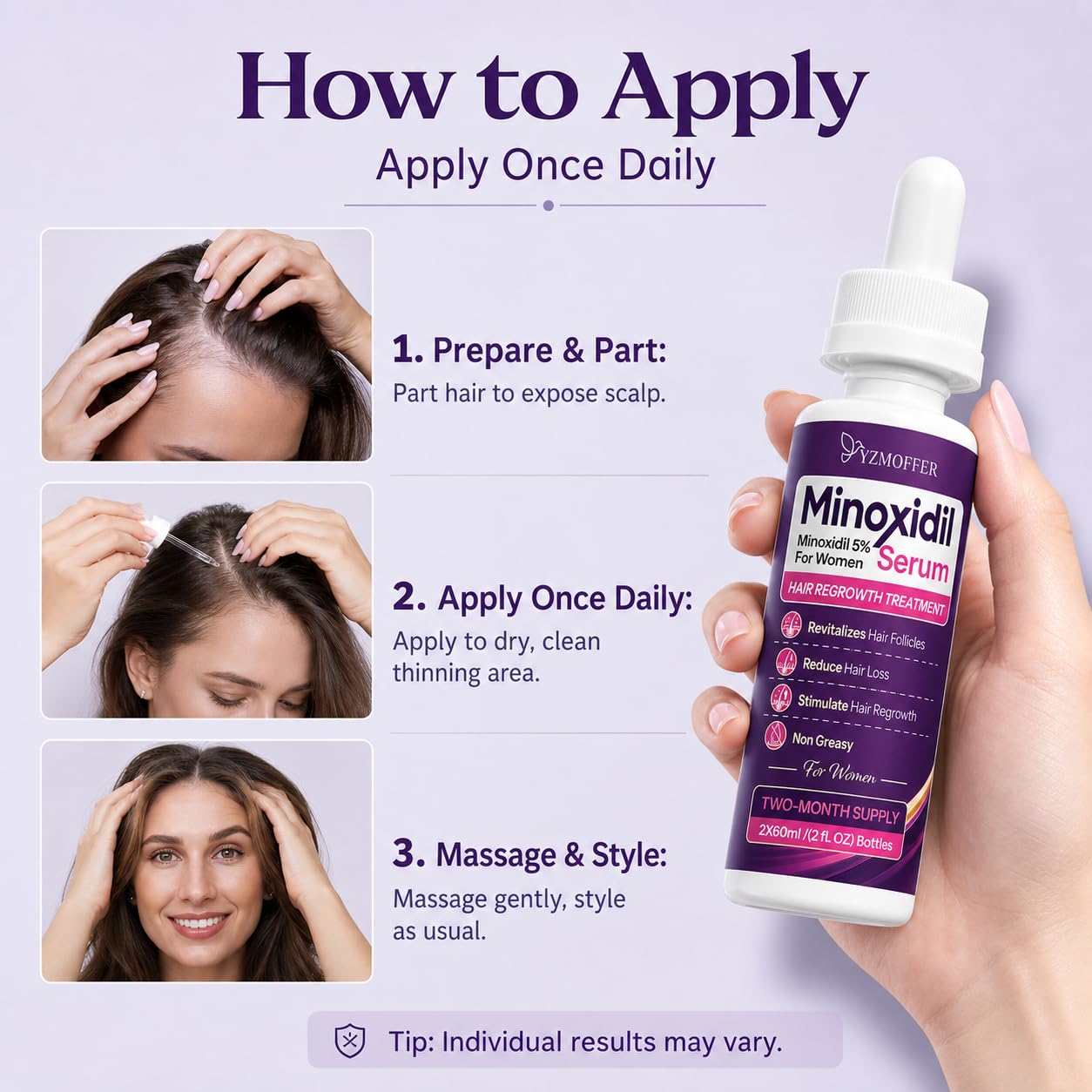 Detalle 2 de Yzmoffer 5% Minoxidil Hair Regrowth Treatment for Women, 2-Bottle Set