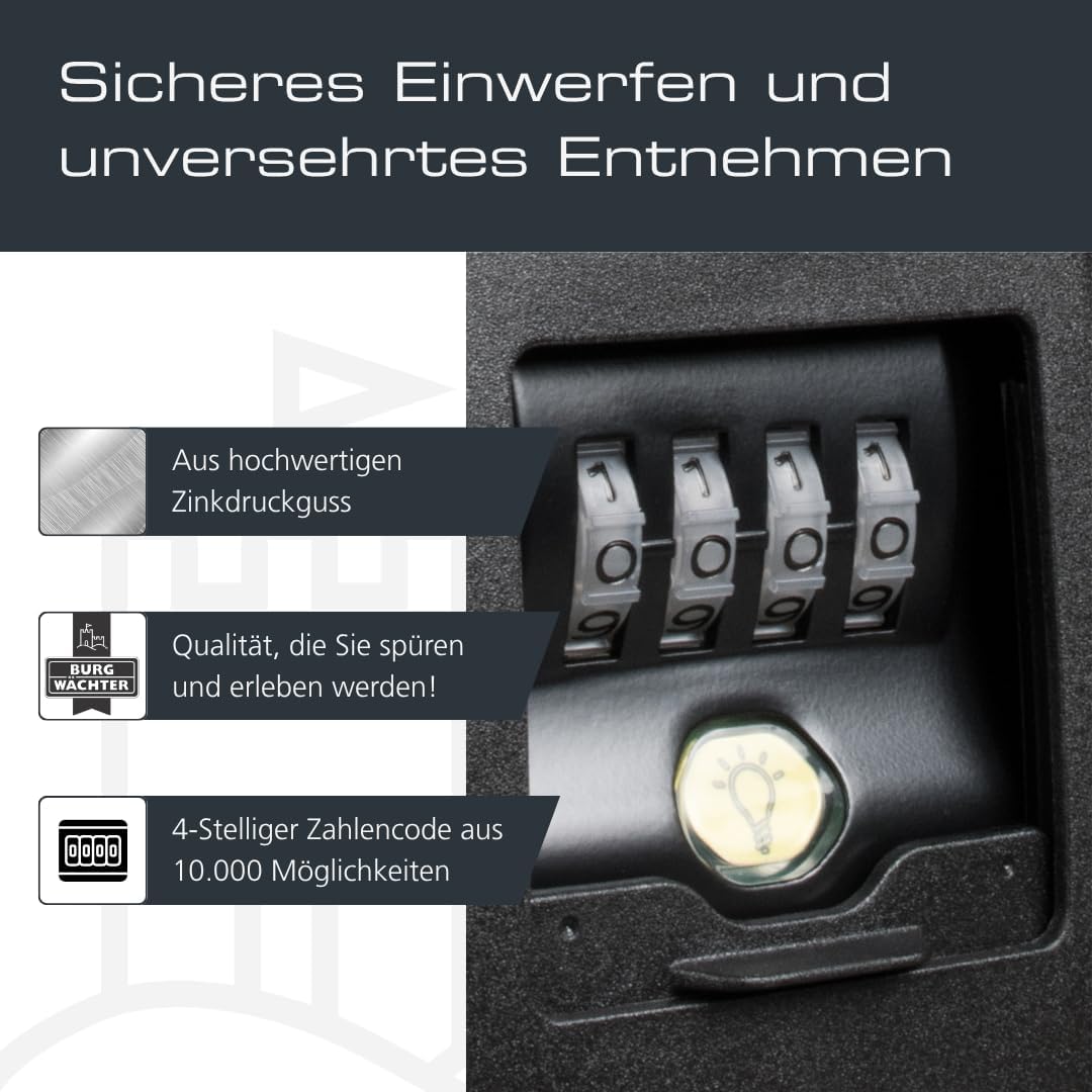 Detalle de BURG-WÄCHTER Key Safe 60L SB – Schlüsseltresor mit 4-stelligem Zahlencode, magnetischem Schlüsselhalter und Beleuchtung