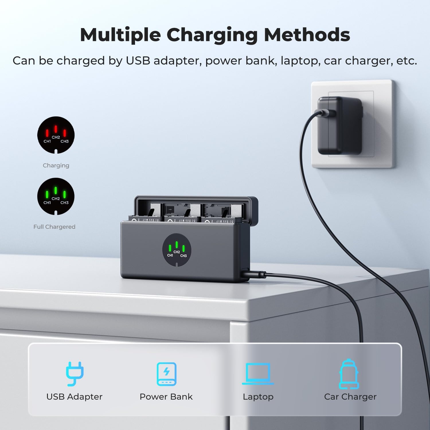 Thumbnail 3 de K&F CONCEPT Osmo Action 5 Pro Akku-Pack (3er-Set) mit 3-Fach-Ladegerät, 2100-mAh-Akkus – kompatibel zu DJI Osmo Action 6/5 Pro/4/3