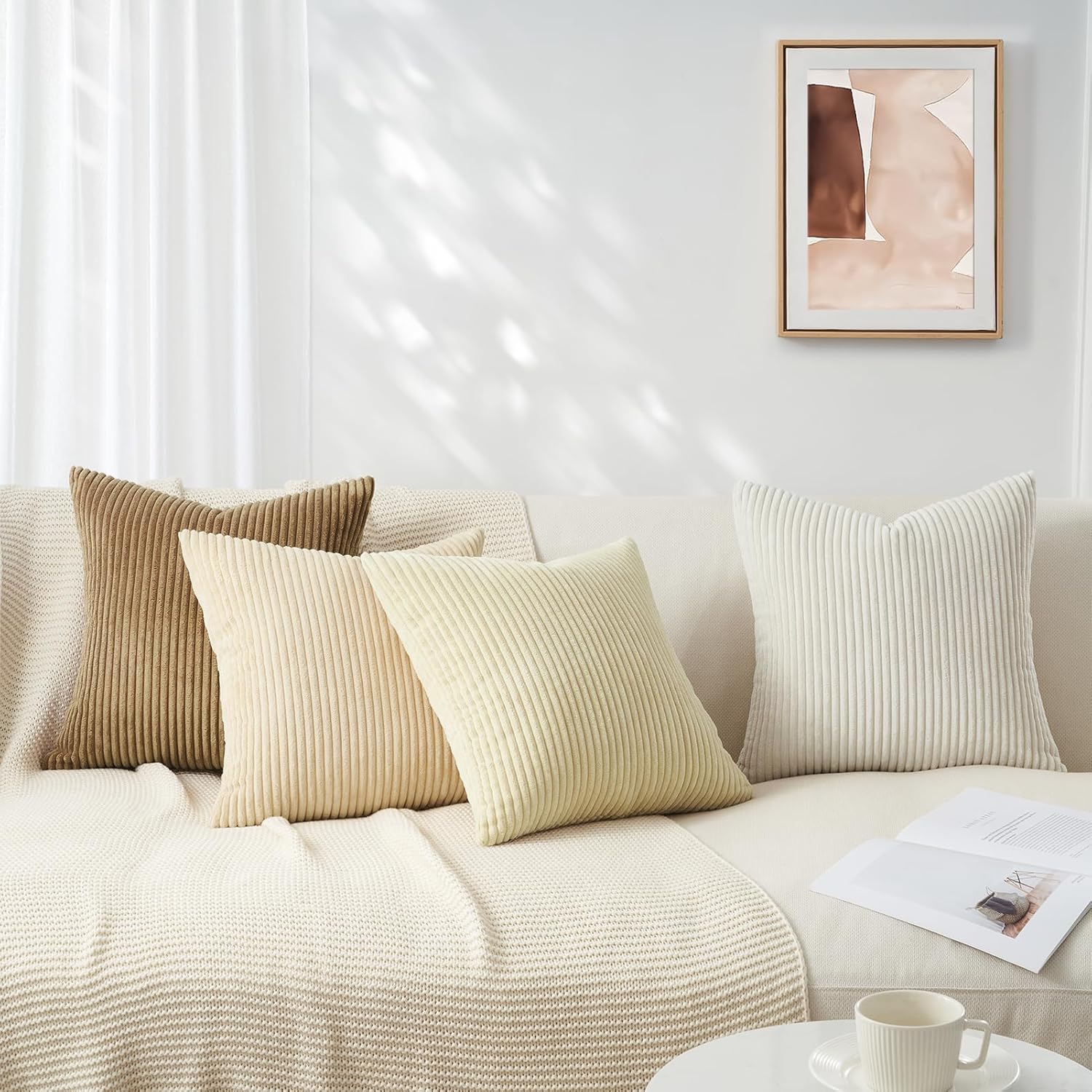 Thumbnail 3 de Topfinel Kissenbezug Beige, 50x50 cm im 4er-Set aus Kordsamt mit Farbverlauf und verdecktem Reißverschluss