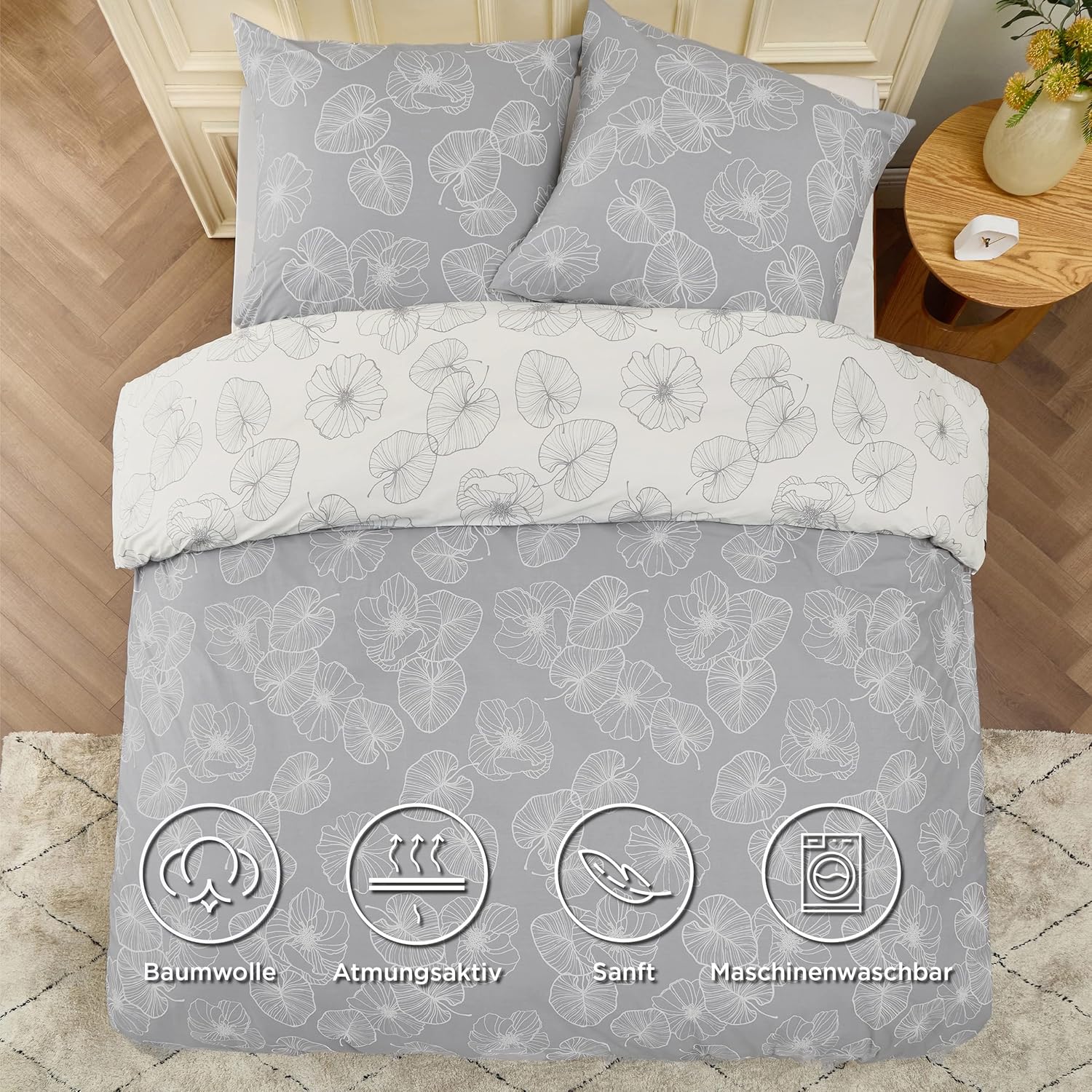 Thumbnail 3 de BEDSURE Bettwäsche 155x220 aus Baumwolle (3-teilig) mit Reißverschluss – Grau, Öko‑Tex, Ginkgo-Muster