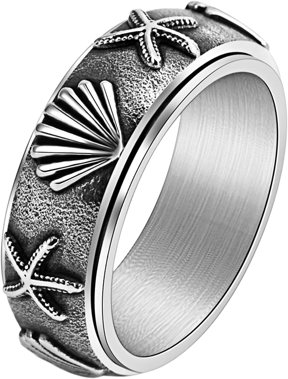 Detalle de JewelryWe Angst Ring mit Seestern & Muschel – Vintage Edelstahl Drehring für Damen und Herren