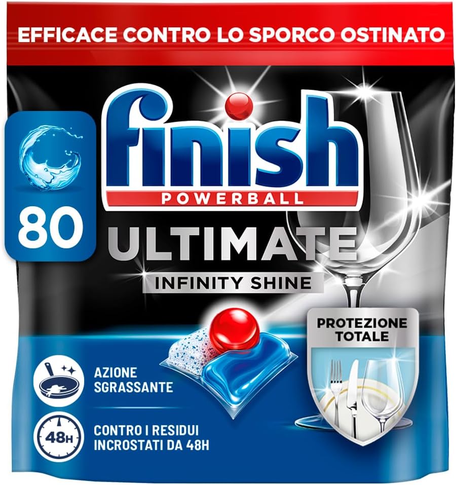 Detalle de Finish Ultimate Infinity Shine Pastiglie Lavastoviglie, 80 capsule: pulizia efficace e luciditura delicata