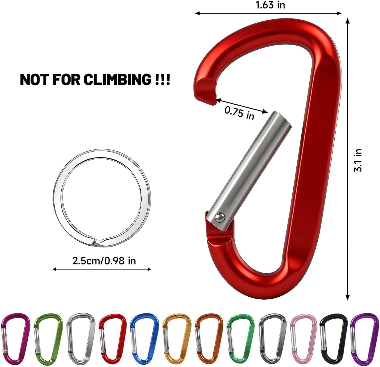 Detalle de 12PCS Aluminum Carabiner Keychain Clip Set (3") — Nonlocking Spring Snap D-Ring Hooks for Keys, Camping & Travel