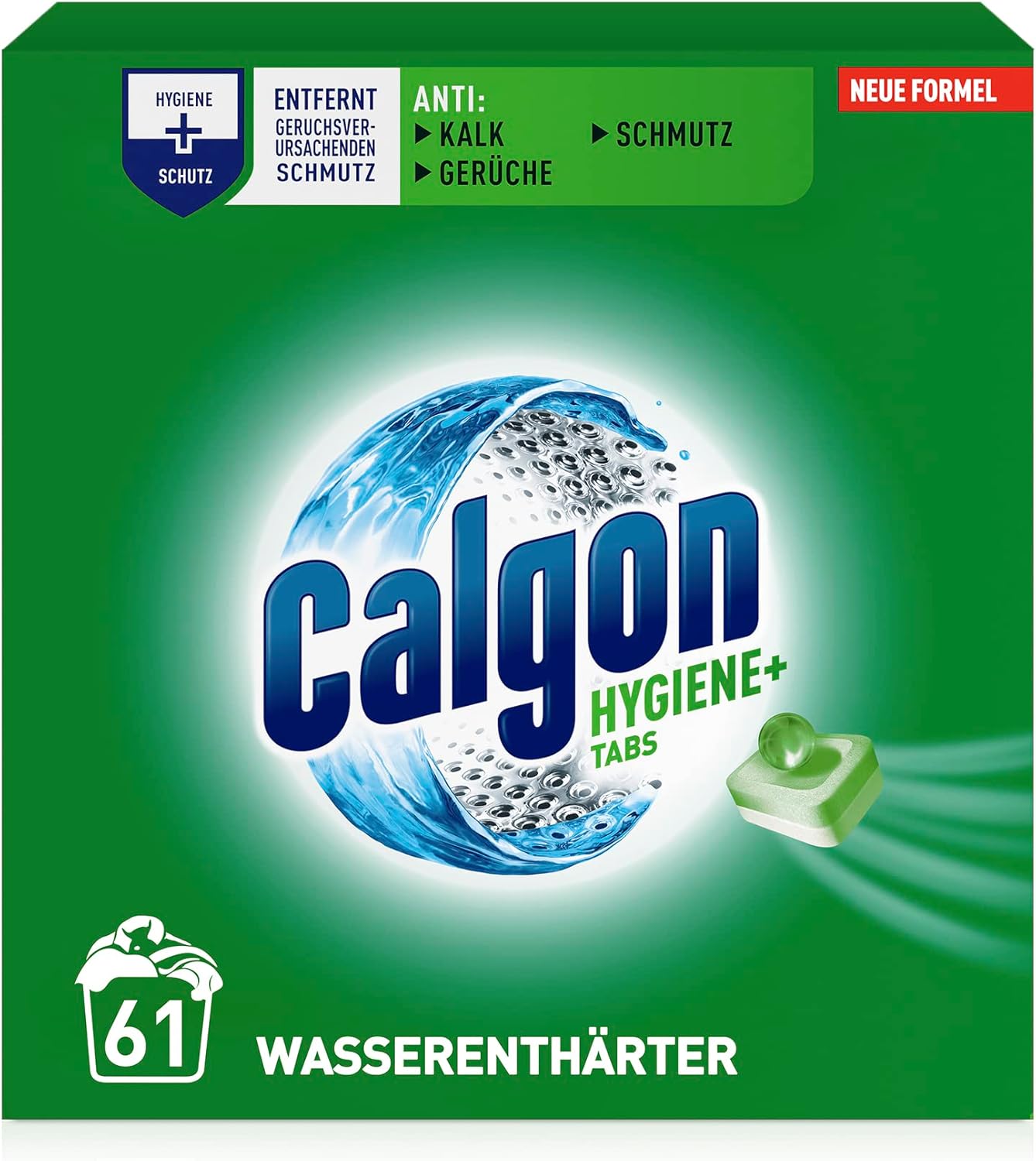 Calgon Hygiene+ Tabs – Schutz vor Kalkablagerungen und Schmutz, 61 Tabs, unparfümiert