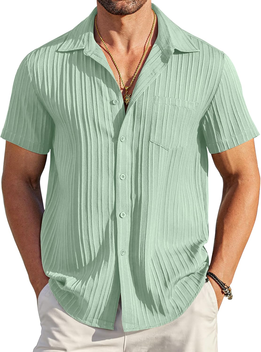 Detalle de COOFANDY Men's Casual Short Sleeve Button-Down Shirt with Textured Fabric