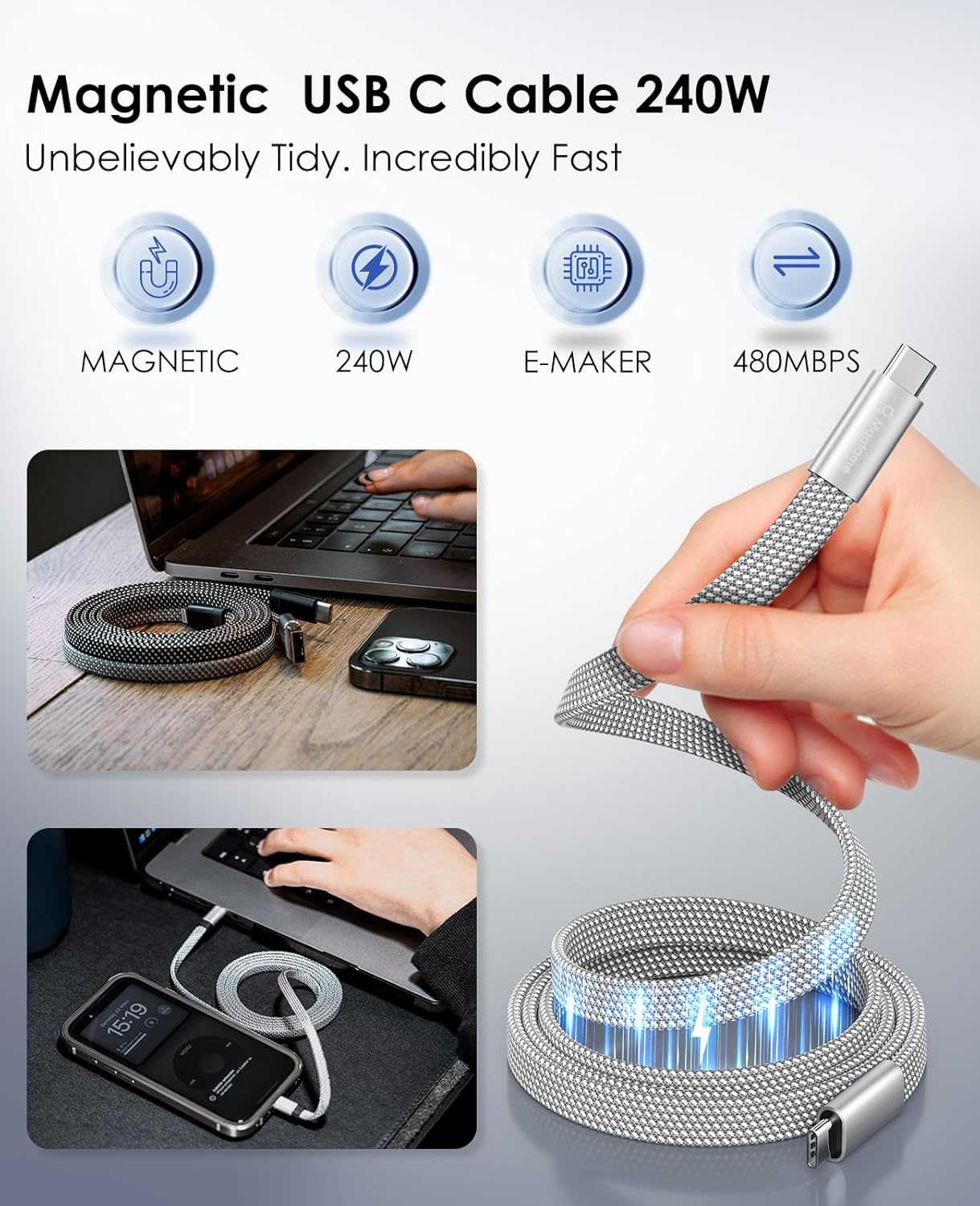 Thumbnail 1 de Magtame USB C Cable 240W Magnético 📱 - Carga Rápida 1.5m