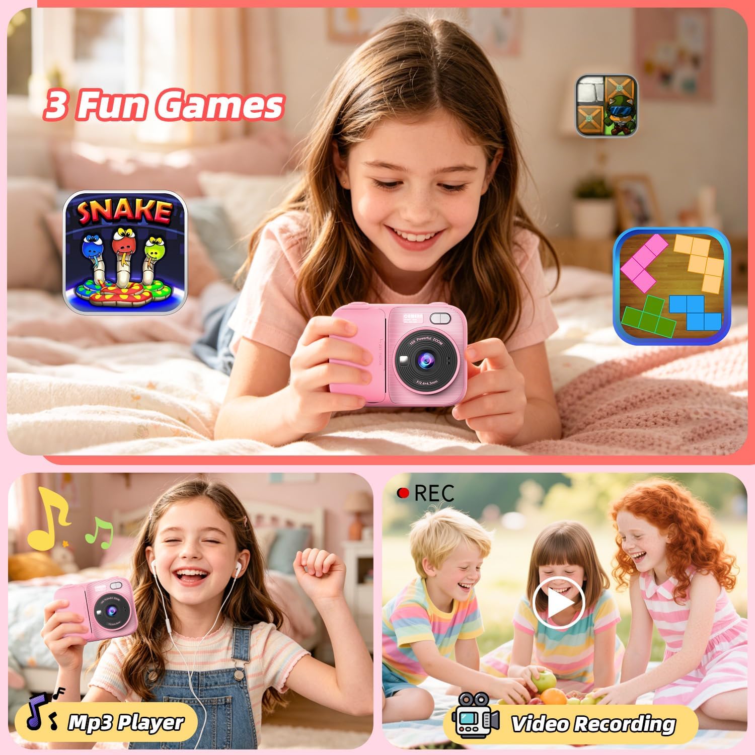 Detalle 2 de HOOMOON P97 Kids Instant Print Camera, 1080p Video, 5 Paper Rolls, Pink