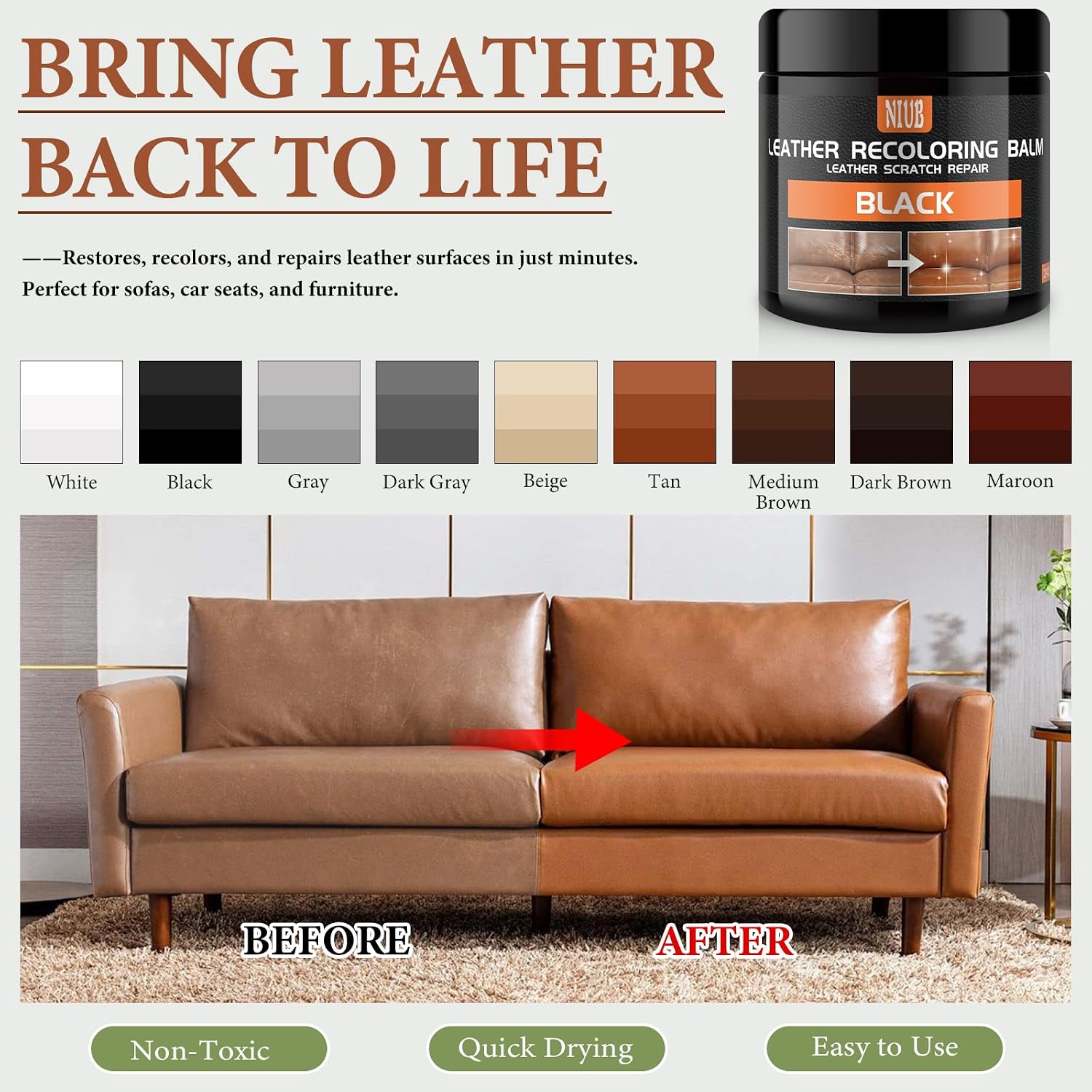 Detalle de NIUB Leather Recoloring Balm (TAN) — Leather Color Restorer & Scratch Repair for Furniture, Car Seats, Shoes, Bags