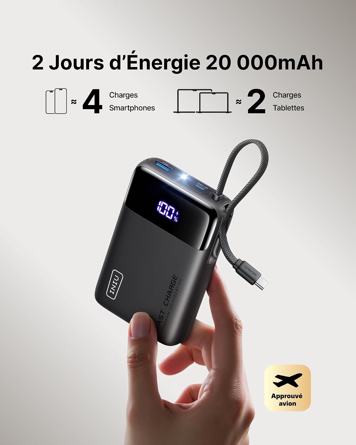Detalle 2 de INIU Petit Batterie Externe 45W (20.000 mAh) avec câble USB‑C intégré