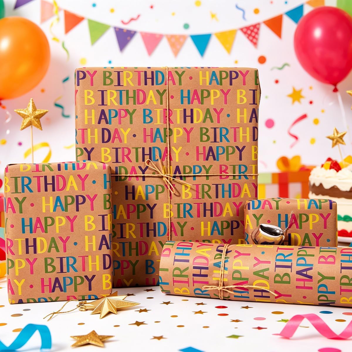 Thumbnail 4 de HBell Birthday Wrapping Paper Roll 43cm x 10m – Kraft card with gridlines and colourful Happy Birthday design