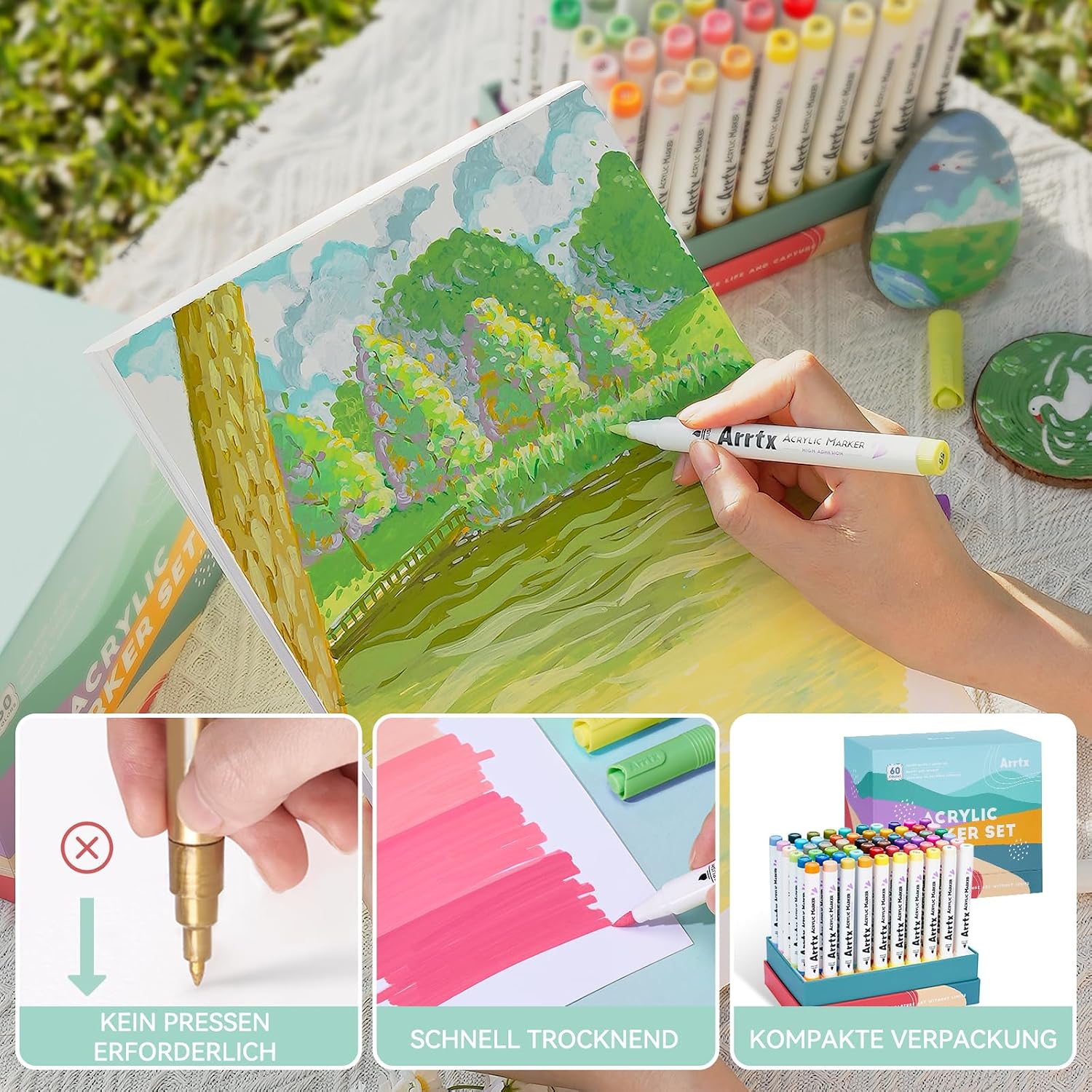 Detalle de Arrtx 60 Farben Acrylstifte – Acrylmarker wasserfest für Steine, Holz, Leinwand & DIY