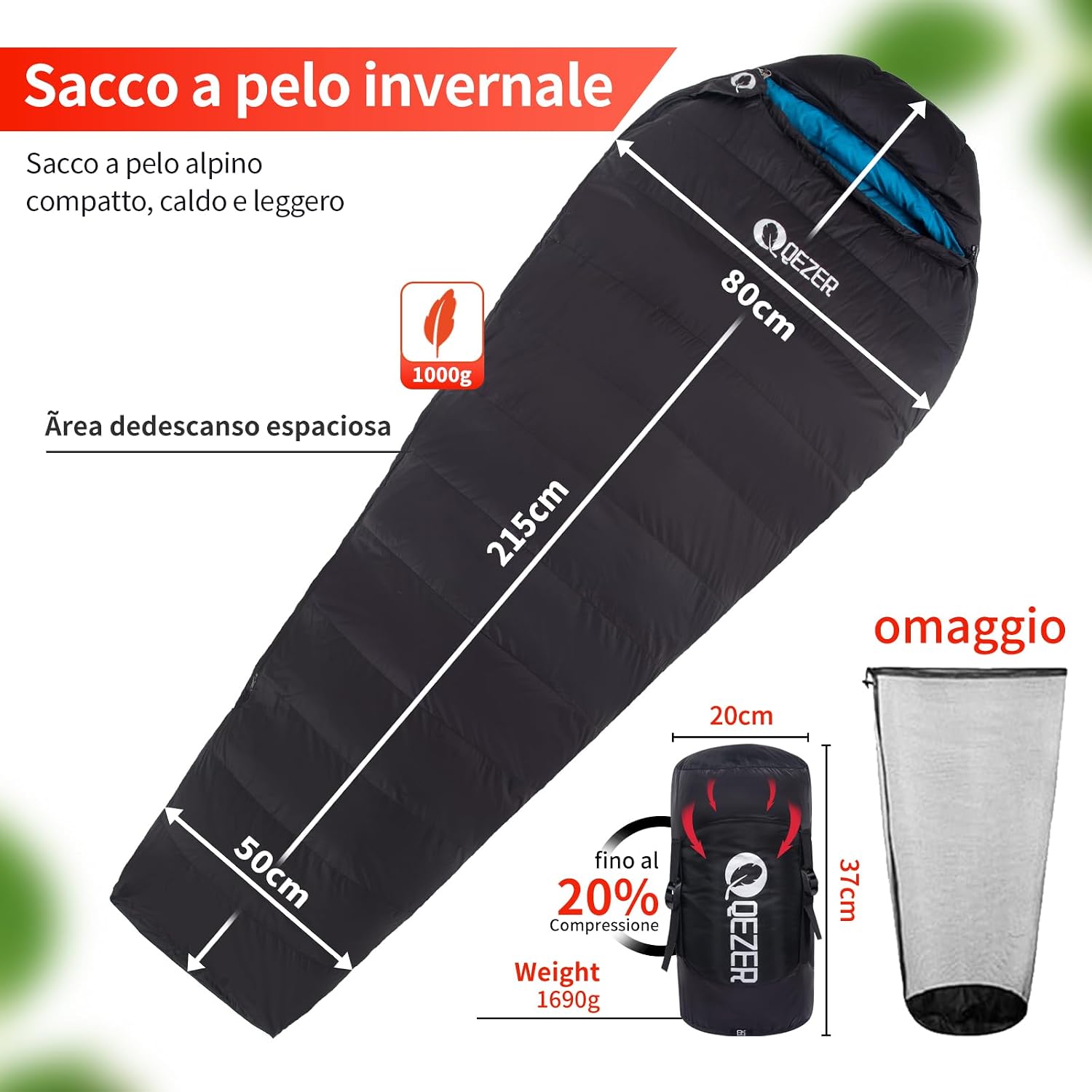 Detalle de QEZER sacco a pelo in piuma invernale 600+ FP: 7℃ ~ -8℃ ~ -24℃, leggero e comprimibile