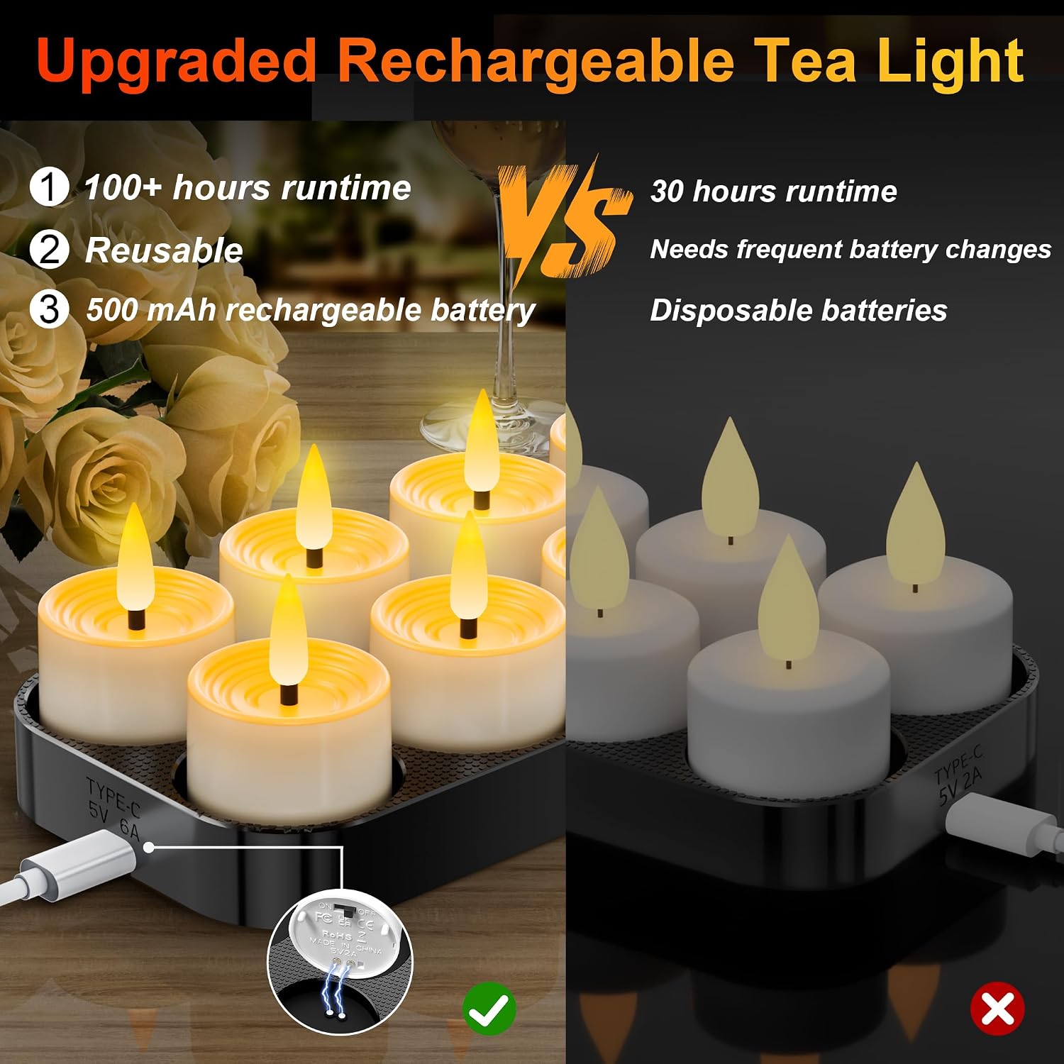 Detalle de YiaMia LZ040-4 Rechargeable LED Tea Lights, 12-Pack with Remote and Timer