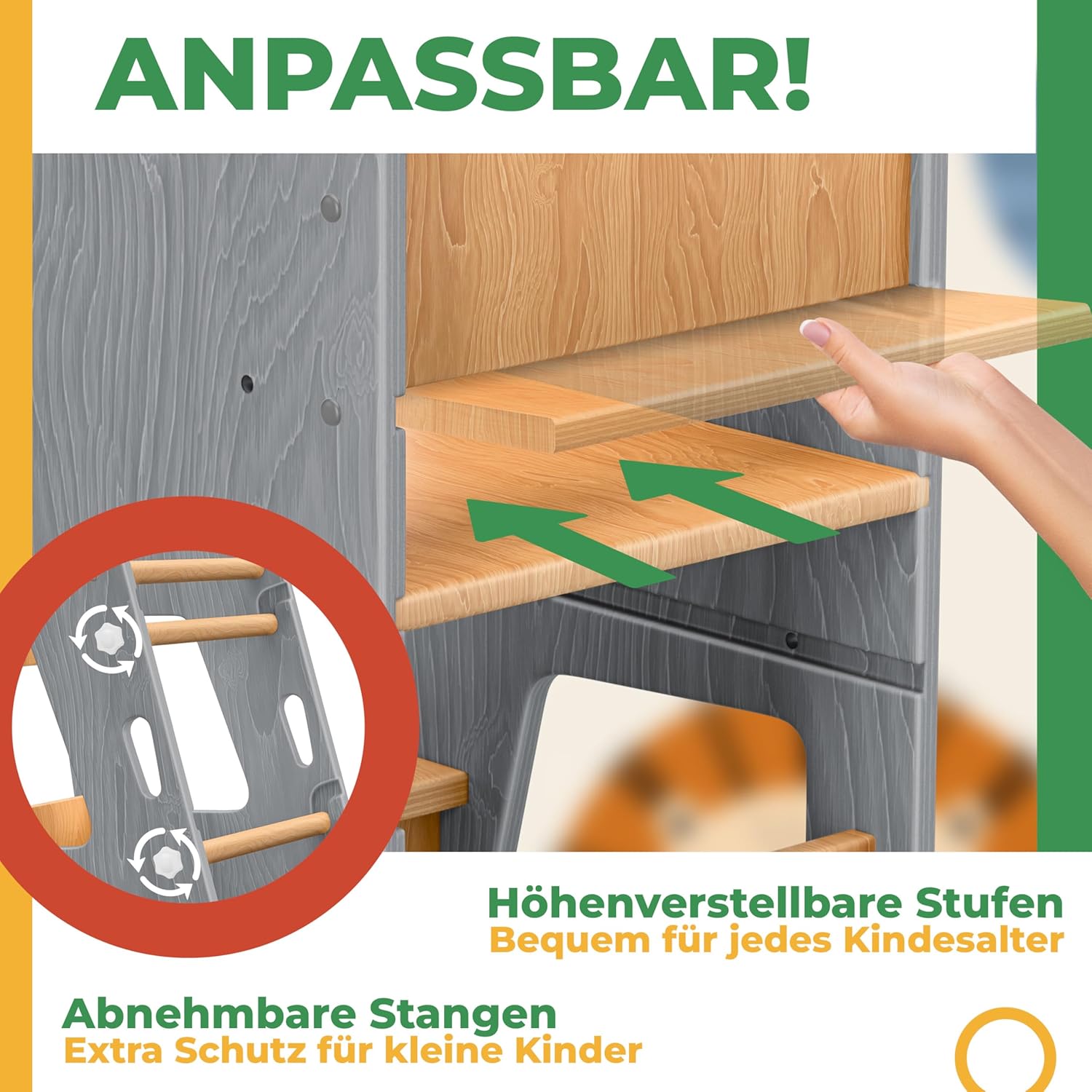 Thumbnail 5 de KIDIZ Lernturm für Kinder ab 1 Jahr inkl. Lernuhr – höhenverstellbarer Montessori Learning Tower aus Kiefernholz