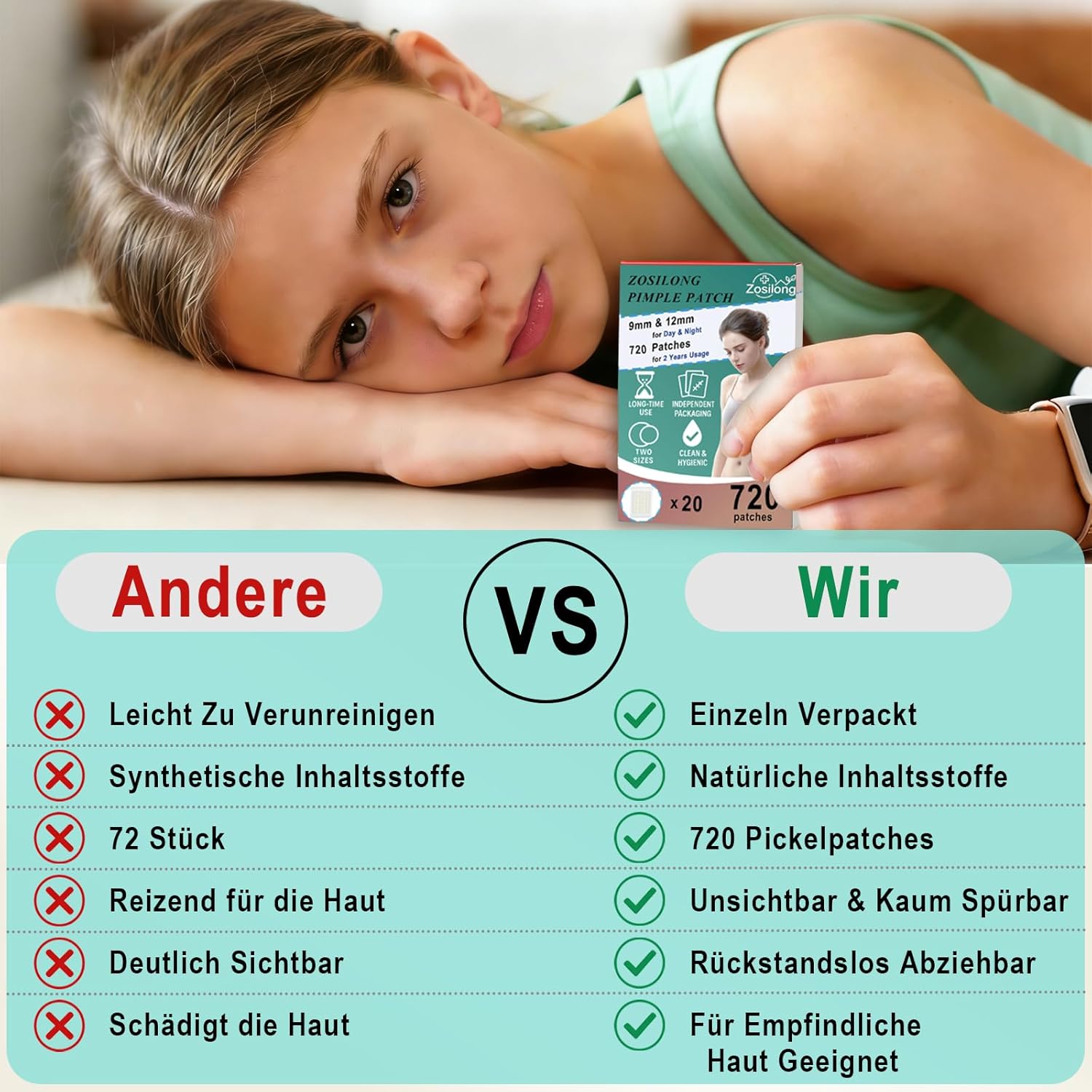 Detalle de Zosilong 720 unsichtbare Pickel-Patches – hautfreundliche Pimple Patches für Tag & Nacht