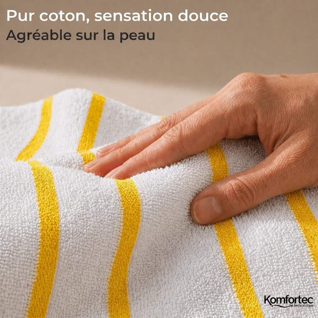 Detalle de Komfortec Serviette de Plage 100 x 180 cm en coton à rayures – grand drap de bain, douceur absorbante