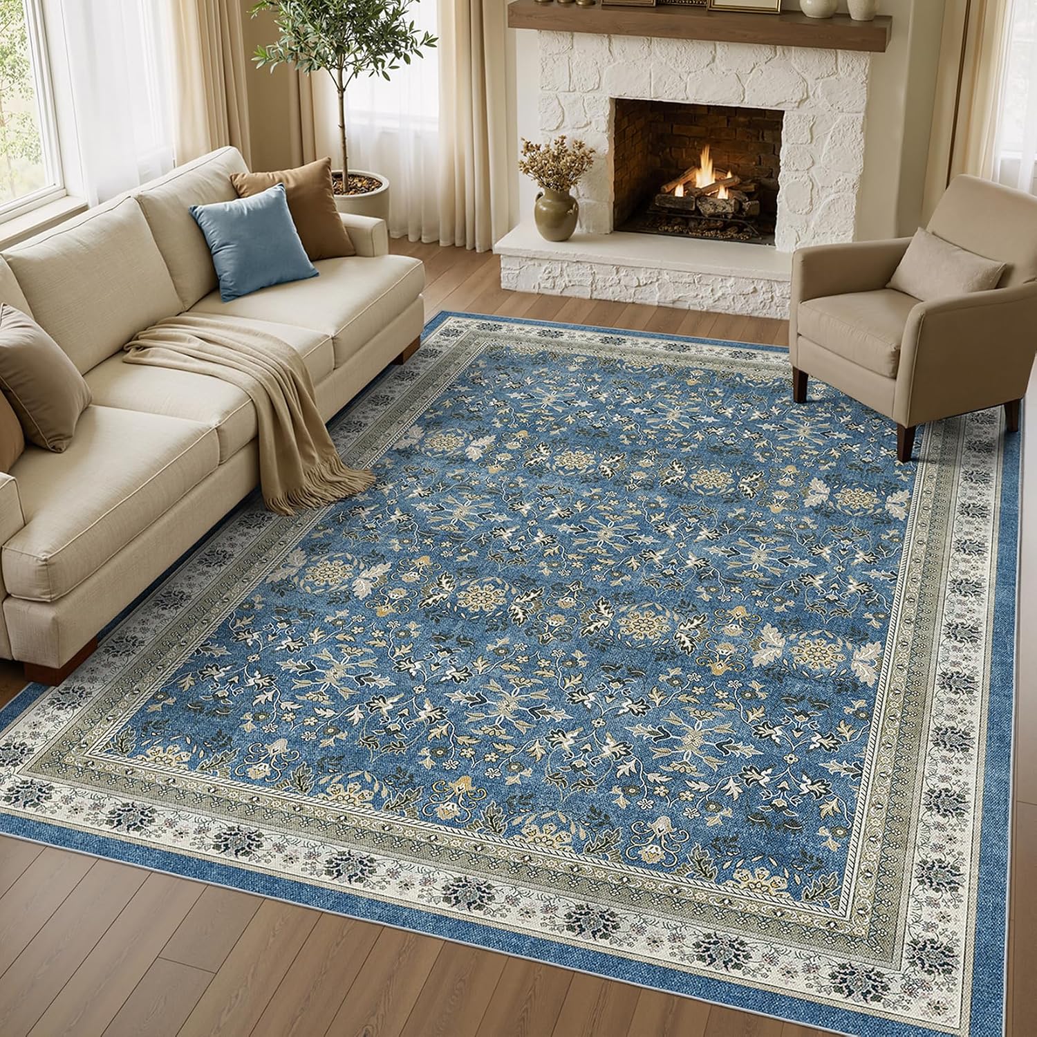 Detalle de WITSHOCK 10' x 12' Washable Blue Vintage Area Rug, Low-Pile and Non-Slip