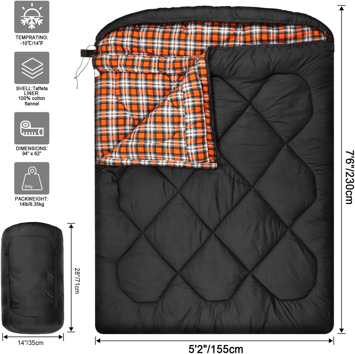 Thumbnail 6 de Mcota Winter 0 Degree Double Sleeping Bag - Double Wide Queen (2 Person) with 100% Cotton Flannel Lining