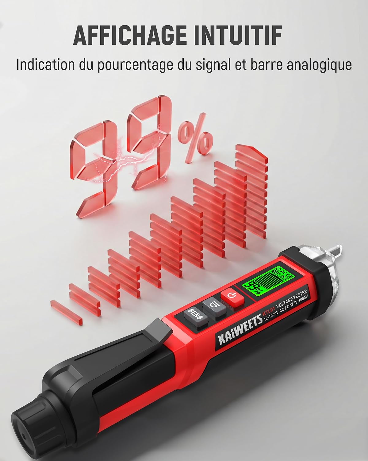 Thumbnail 4 de KAIWEETS Testeur de tension sans contact NCV double plage 12–1000V / 70–1000V AC avec écran LCD
