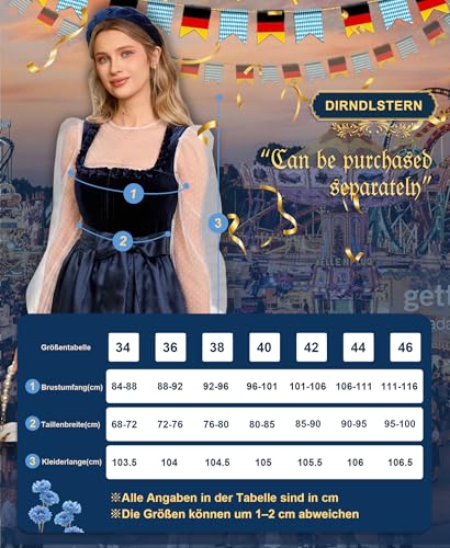 Detalle de DIRNDLSTERN Damen Blau Samt Midi-Dirndl mit Reißverschluss, 70 cm – Oktoberfest Outfit