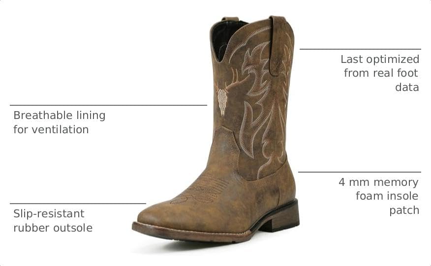 Detalle de Rvminyta Men's Square-Toe Cowboy Boots with Embroidery, EVA Cushioning and Rubber Outsole