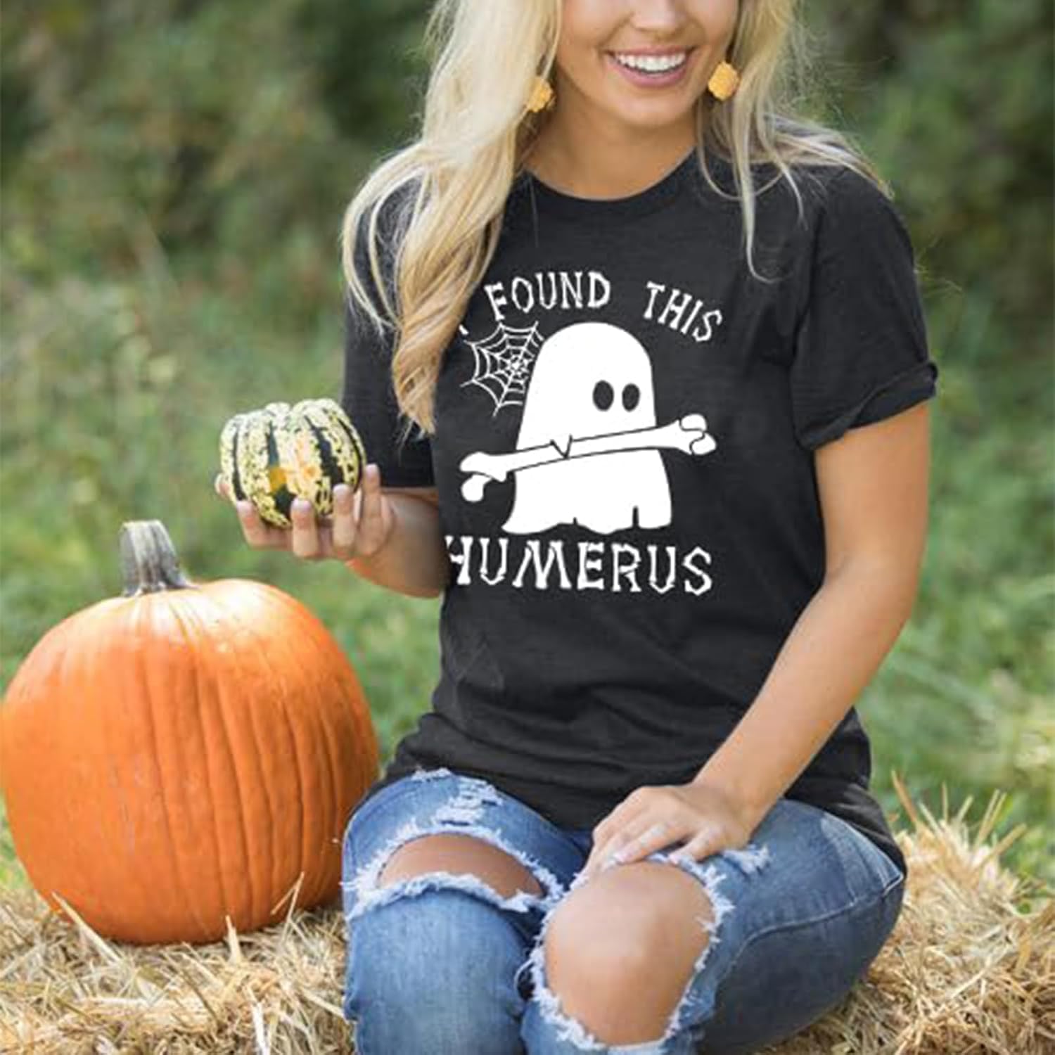 Detalle 2 de SUPEYA Halloween Ghost Graphic T-Shirt for Women, Short-Sleeve Spooky Season Tee