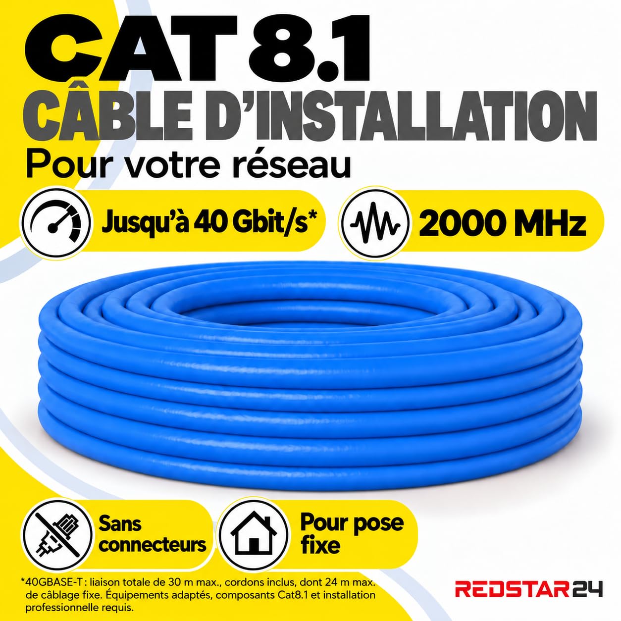 Detalle 2 de Redstar24 CAT 8 installatiekabel 50 m, S/FTP, massief koper en halogeenvrij