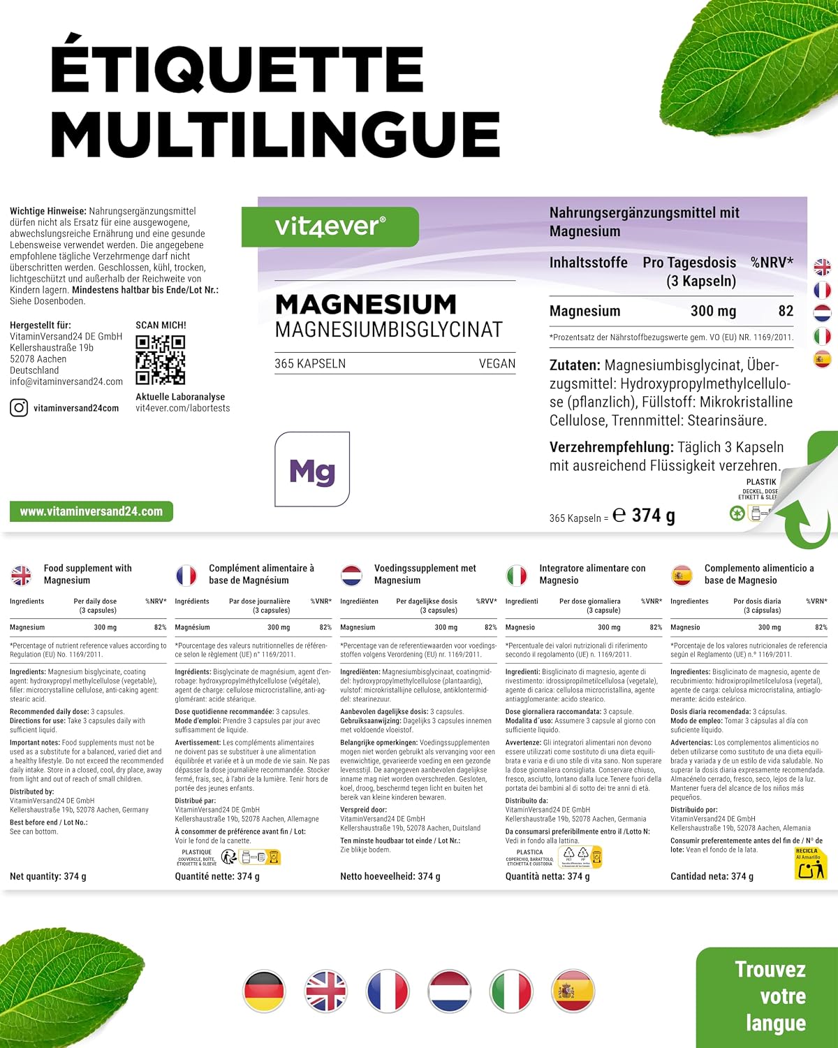 Thumbnail 6 de Bisglycinate de magnésium 300 mg (3 gélules/jour) – 365 gélules, vegan