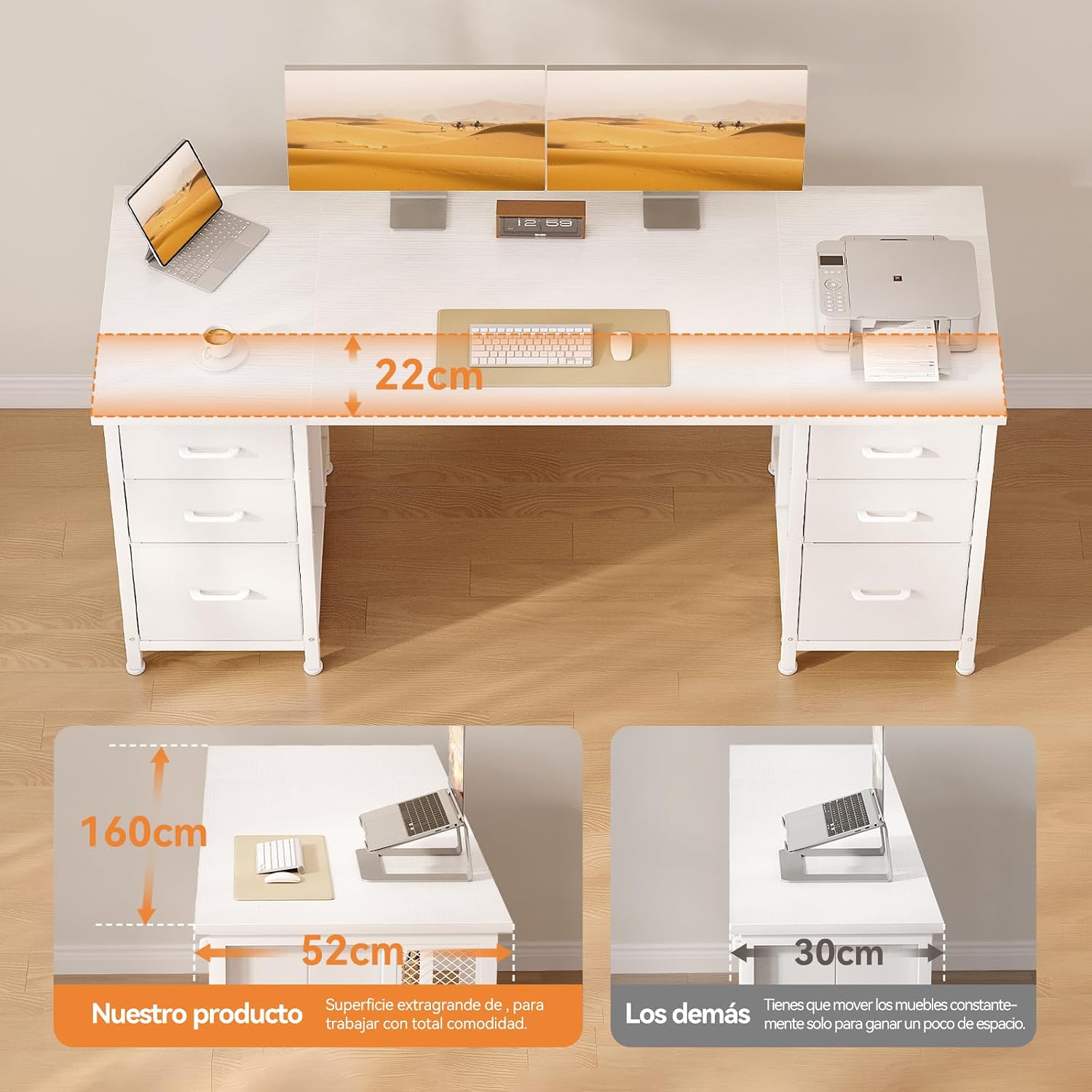 Thumbnail 6 de Coleshome ODF-r24 skrivbord med 6 lådor, hylla och USB-uttag, 160 × 52 cm